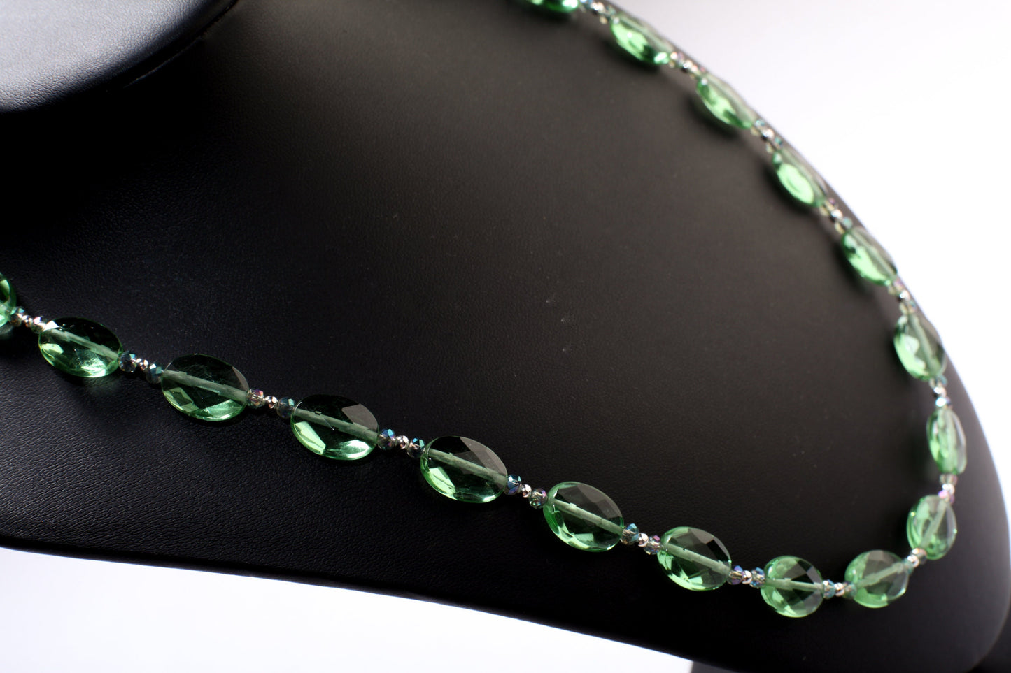 Green Quartz Faceted Oval, Matching Crystal Accent Beads 20.5" Necklace with 3" Extension Chain