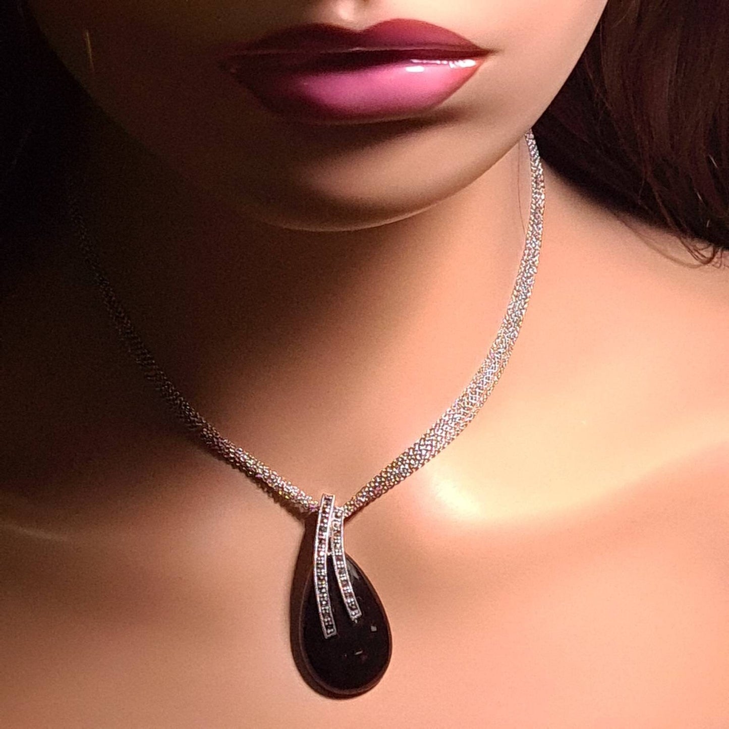 Marcasite 925 Sterling Silver Black Onyx Teardrop Pendant Necklace with 5 Line Rhodium Non Tarnish Sterling Chain 20x44mm Vintage, Antique