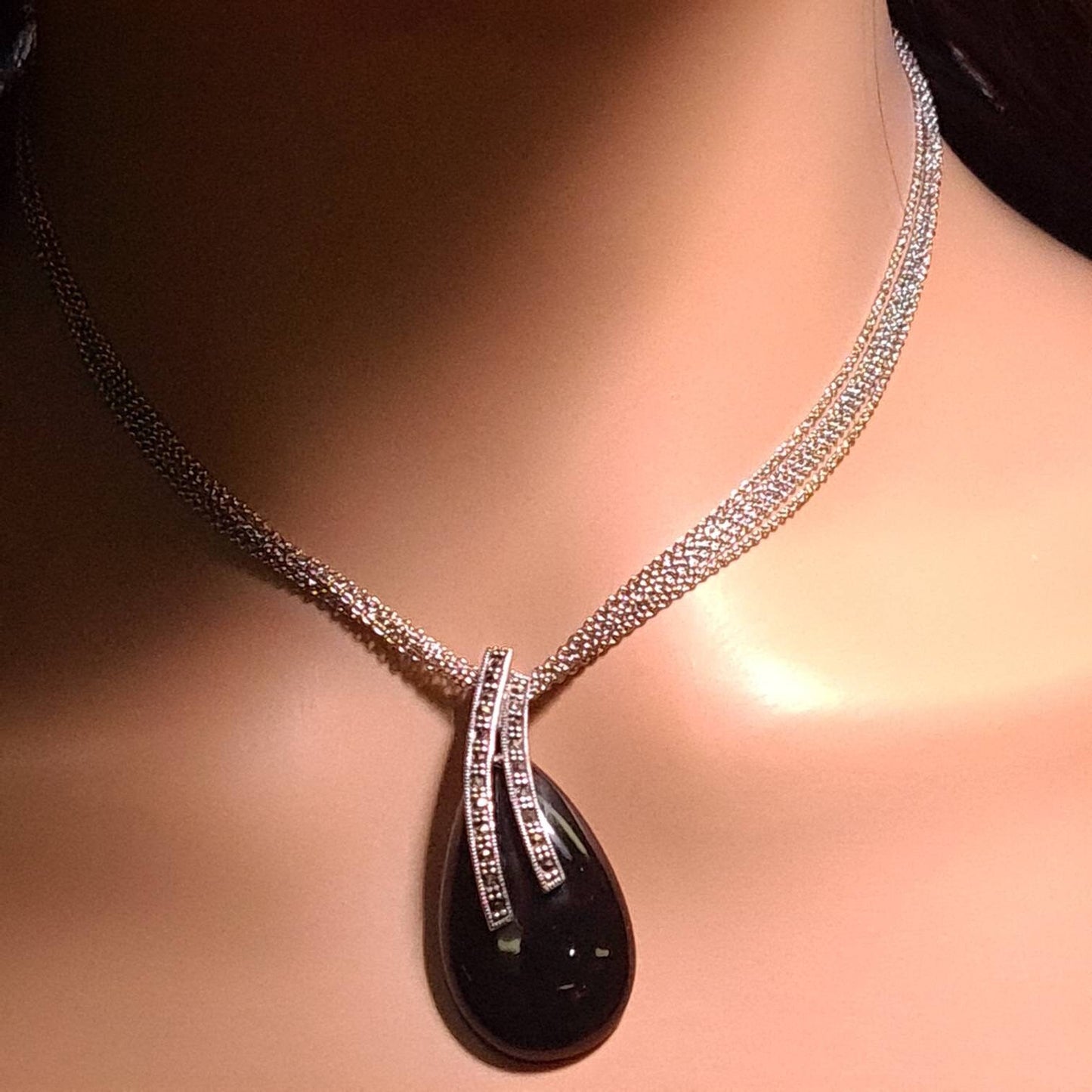 Marcasite 925 Sterling Silver Black Onyx Teardrop Pendant Necklace with 5 Line Rhodium Non Tarnish Sterling Chain 20x44mm Vintage, Antique