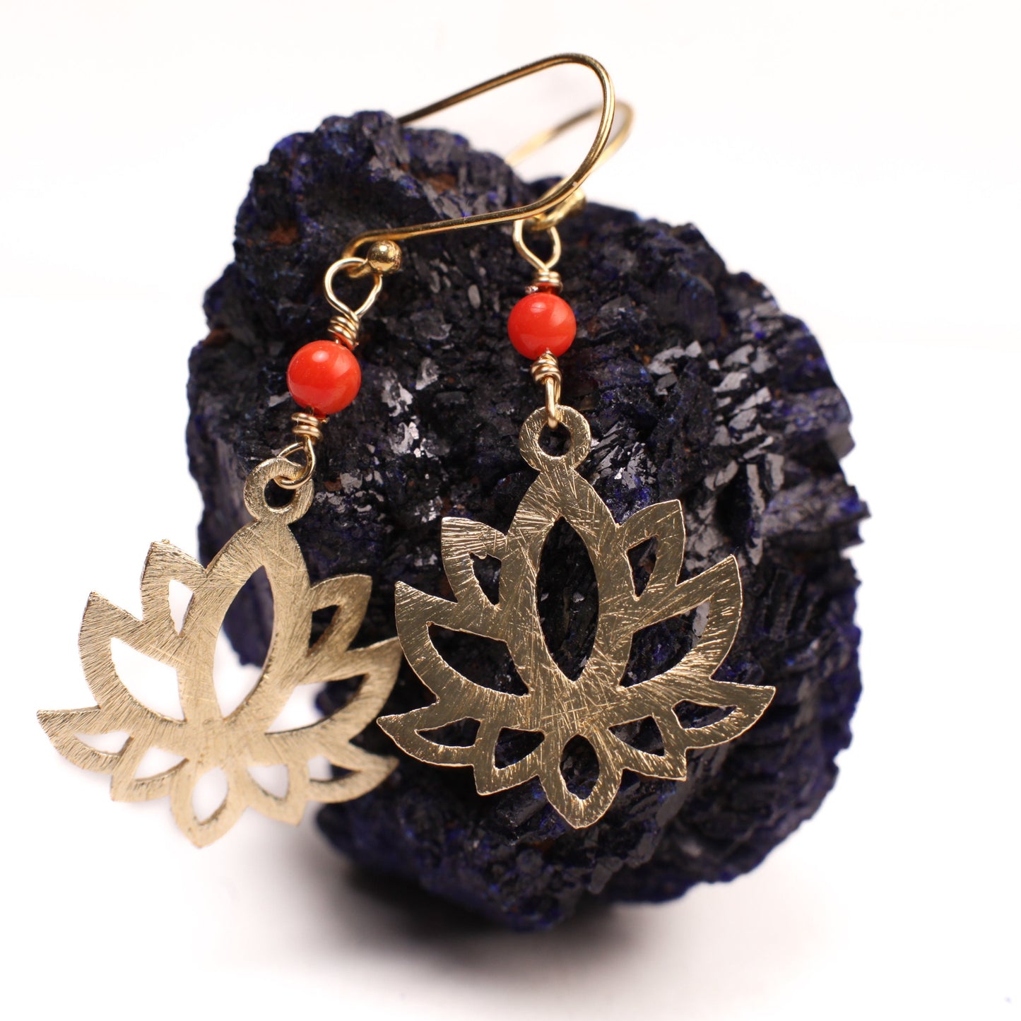 Lotus Flower coral spacer gold vermeil earrings. Gold luck purity gift