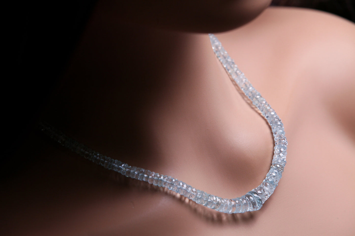 Natural Aquamarine Santa Maria wheel Heishi 4-9mm Micro Faceted Graduated Roundel necklace. Rare AAA clear gem quality