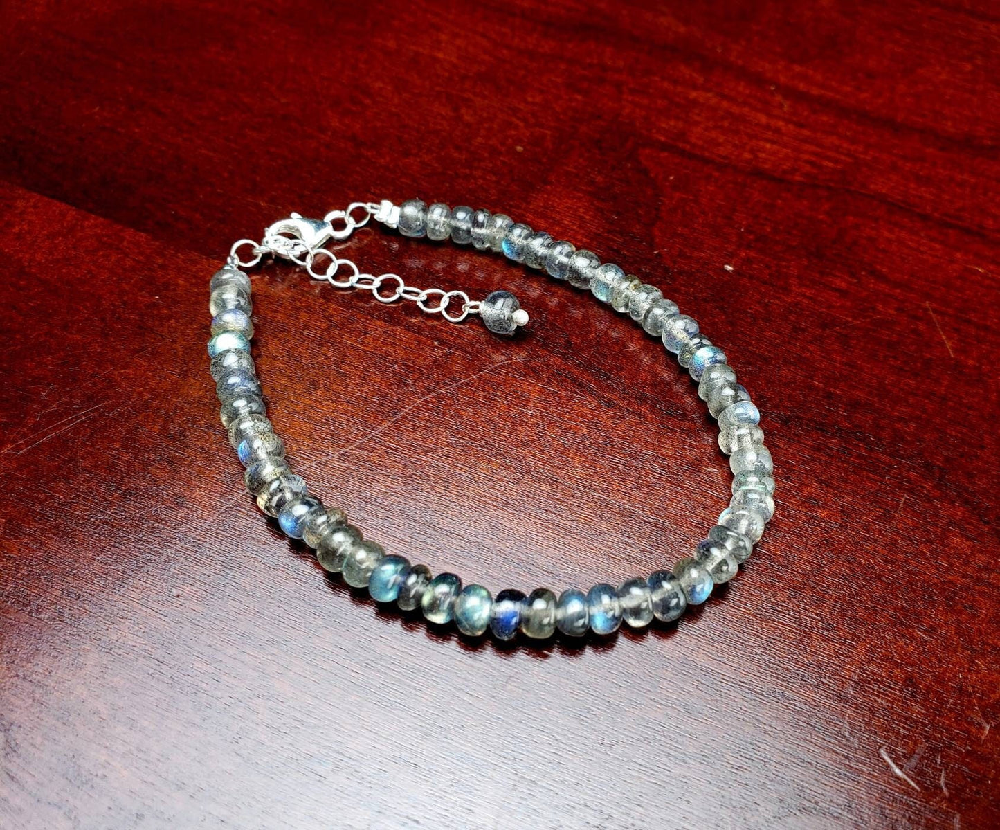 Labradorite Smooth Roundel 5-5.5mmBlue Flashy 925 Sterling Silver Bracelet with Optional 1" Extender, Gift, Chakra, Yoga Energy Healing gift