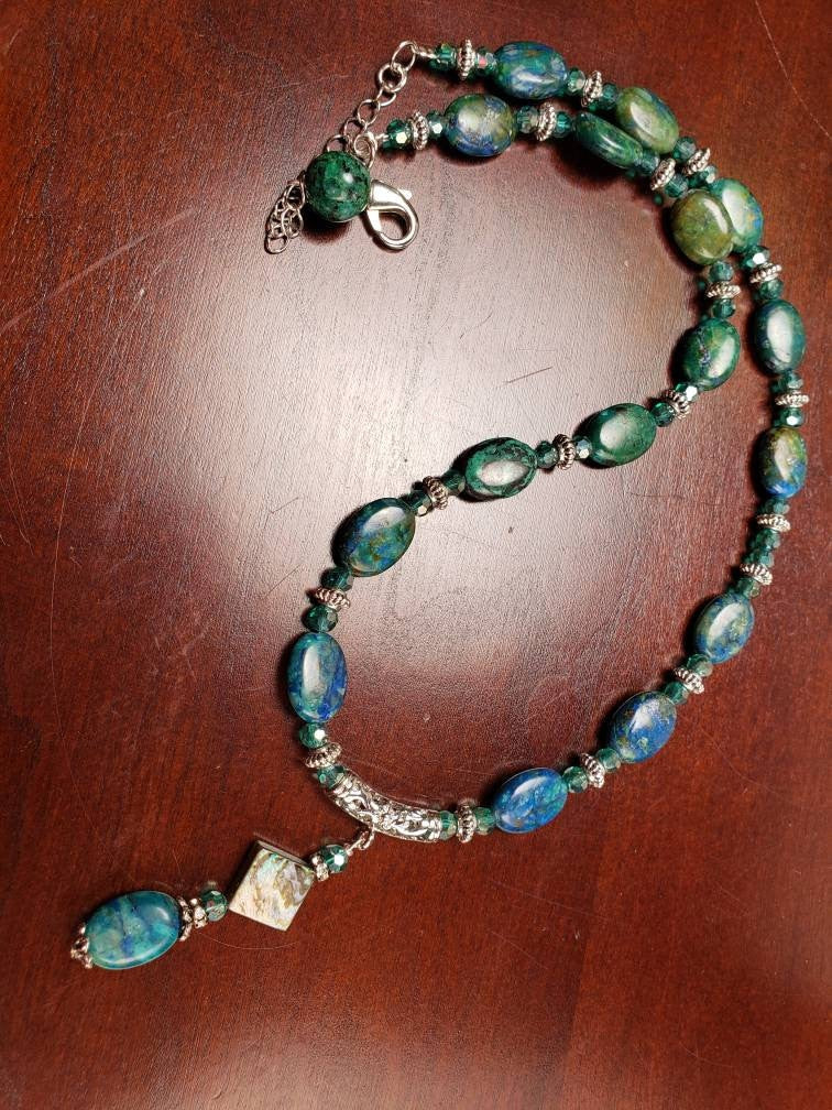 Azurite & Abalone Shell Pendant Necklace, Rhodium Silver, Bali Spacer