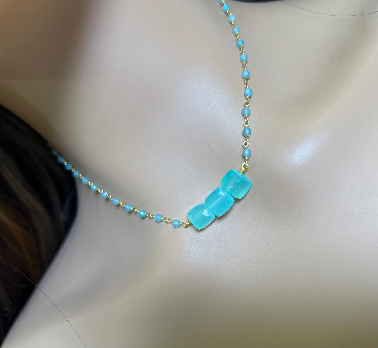 Aqua Chalcedony Faceted square cube matching chalcedony chain and earrings set . Beach summer jewelry soothing gems