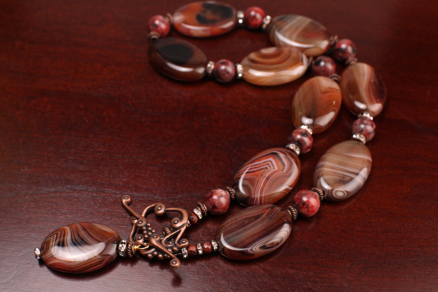 Natural Carnelian Striped Agate Oval 20x30mm with Red Jasper Spacers Necklace 18", Soothing, Harmony, Handmade Gift