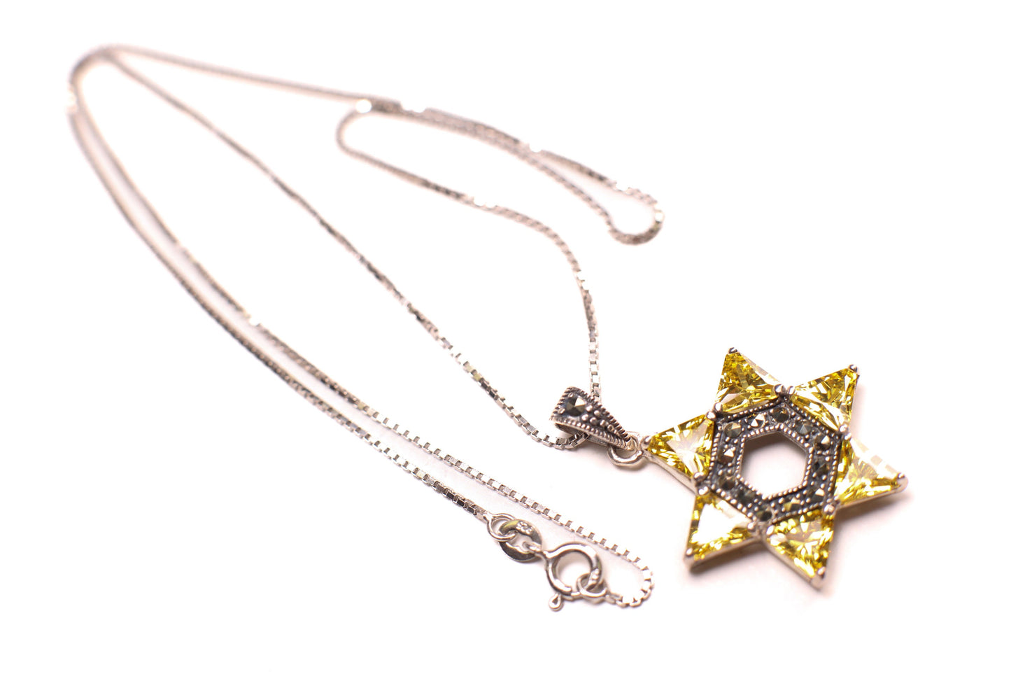 Vintage Marcasite Citrine Star of David Marcasite 925 Sterling Silver Pendant 925 Sterling Silver Chain necklace, Antique gift, 925 stamped