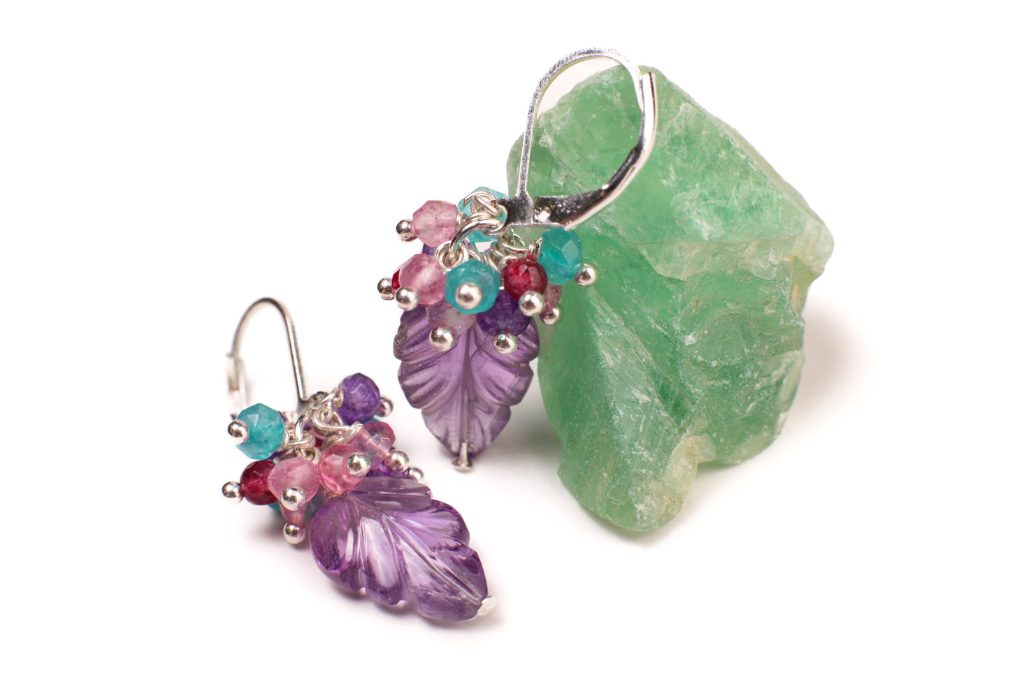 Natural Amethyst Hand carved Leaf Dangling, Apatite, Garnet, Pink Topaz, Amethyst Clusters, 925 Sterling Silver Leverback Earrings