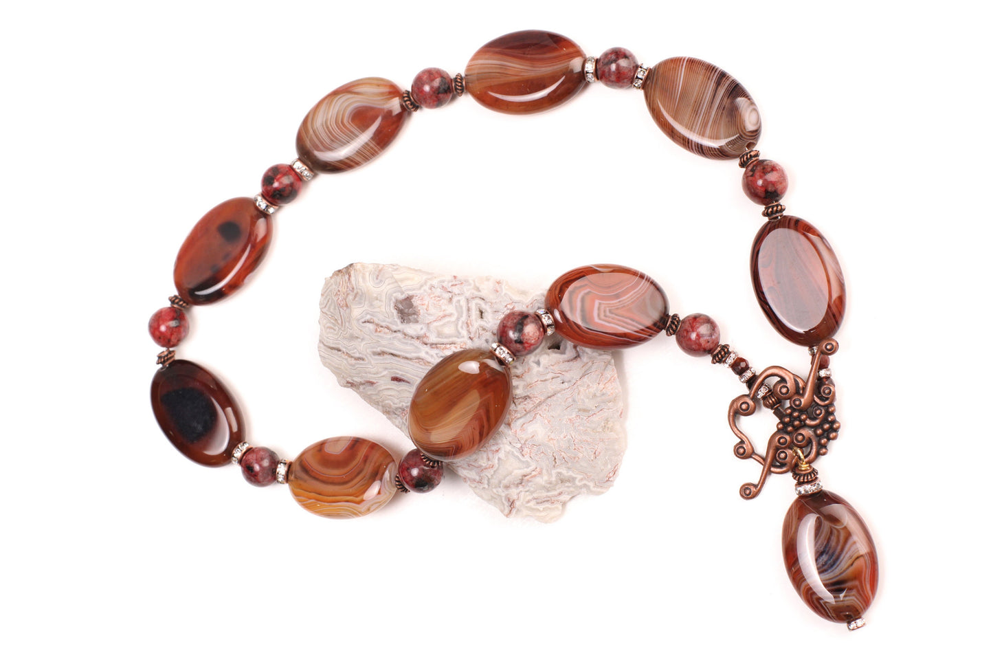 Natural Carnelian Striped Agate Oval 20x30mm with Red Jasper Spacers Necklace 18", Soothing, Harmony, Handmade Gift