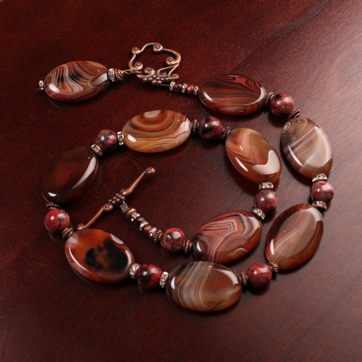 Natural Carnelian Striped Agate Oval 20x30mm with Red Jasper Spacers Necklace 18", Soothing, Harmony, Handmade Gift