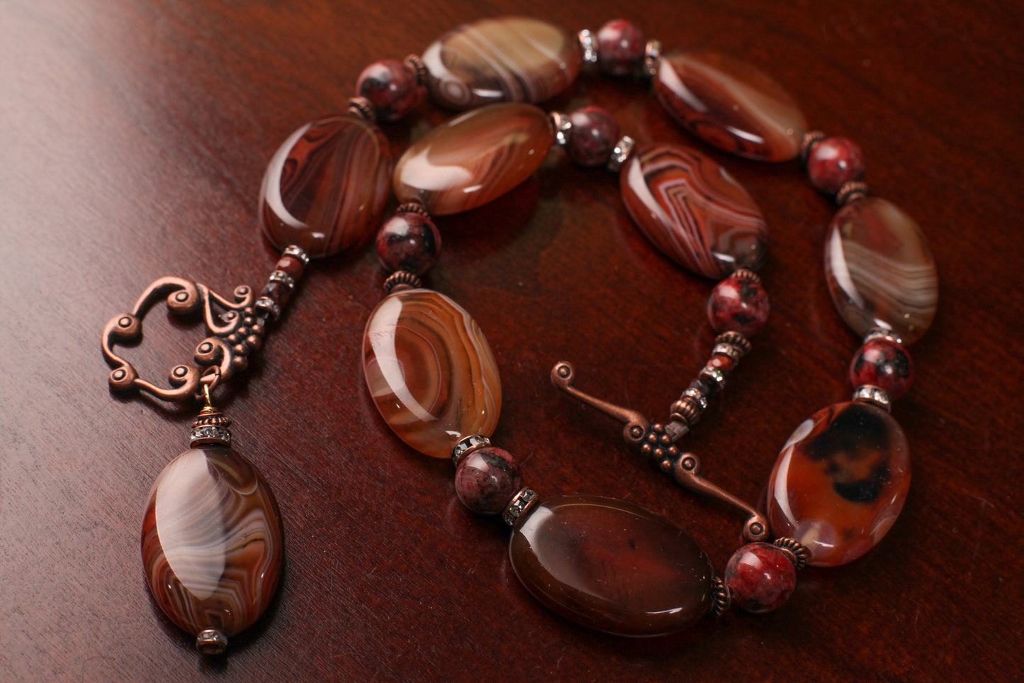 Natural Carnelian Striped Agate Oval 20x30mm with Red Jasper Spacers Necklace 18", Soothing, Harmony, Handmade Gift