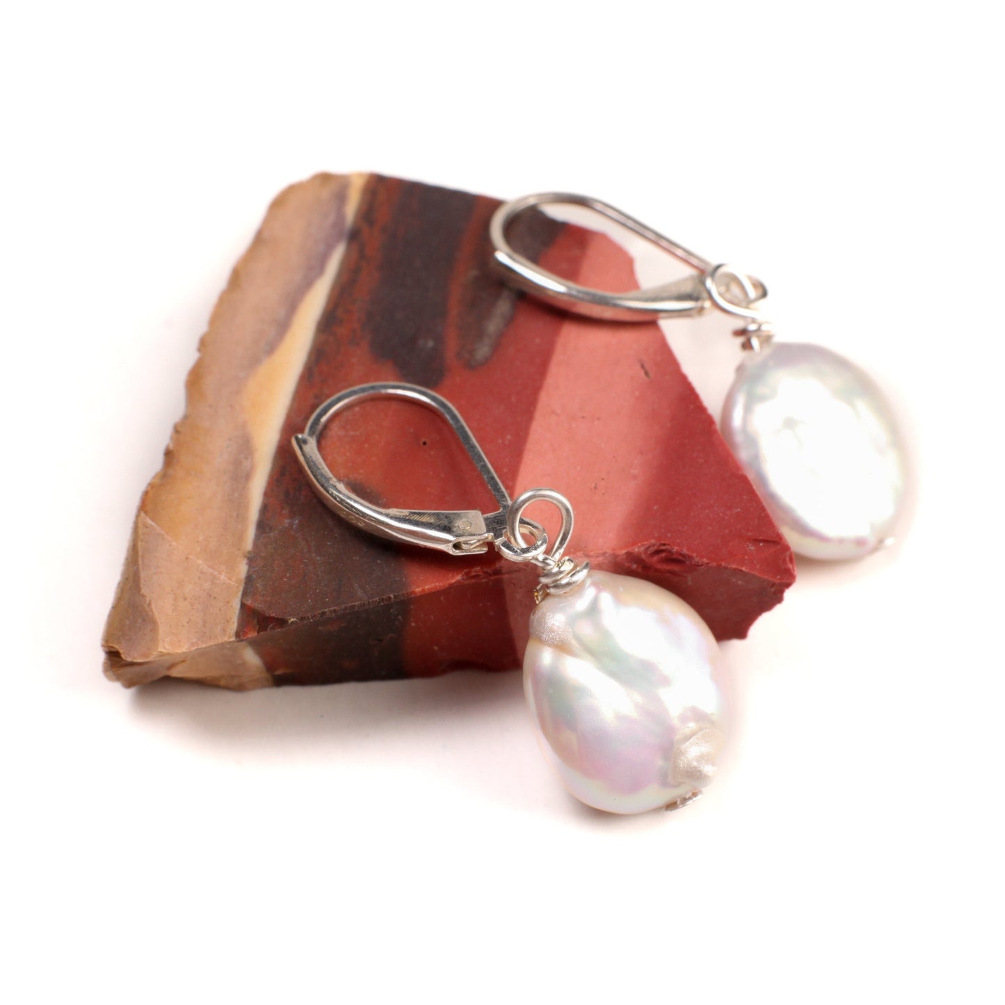Dangling 12mm White Coin Pearl Earrings: Sterling Silver Leverback