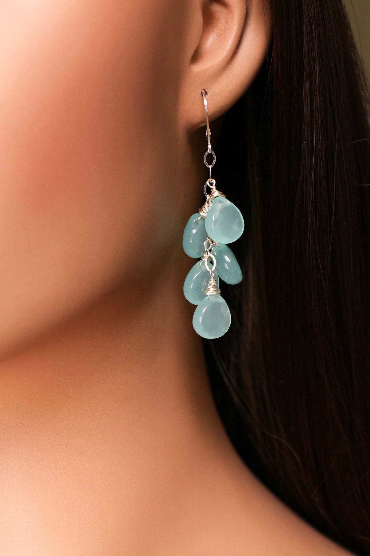 Chalcedony earring Aqua Chalcedony Faceted 12x14mm heart Drop Cascade Dangling Earrings , Wire Wrap Handmade in 925 Sterling Silver