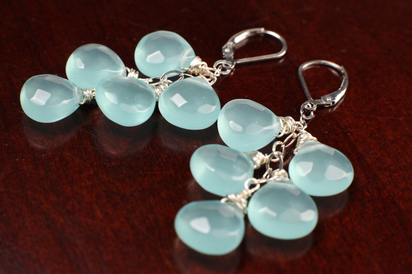 Chalcedony earring Aqua Chalcedony Faceted 12x14mm heart Drop Cascade Dangling Earrings , Wire Wrap Handmade in 925 Sterling Silver