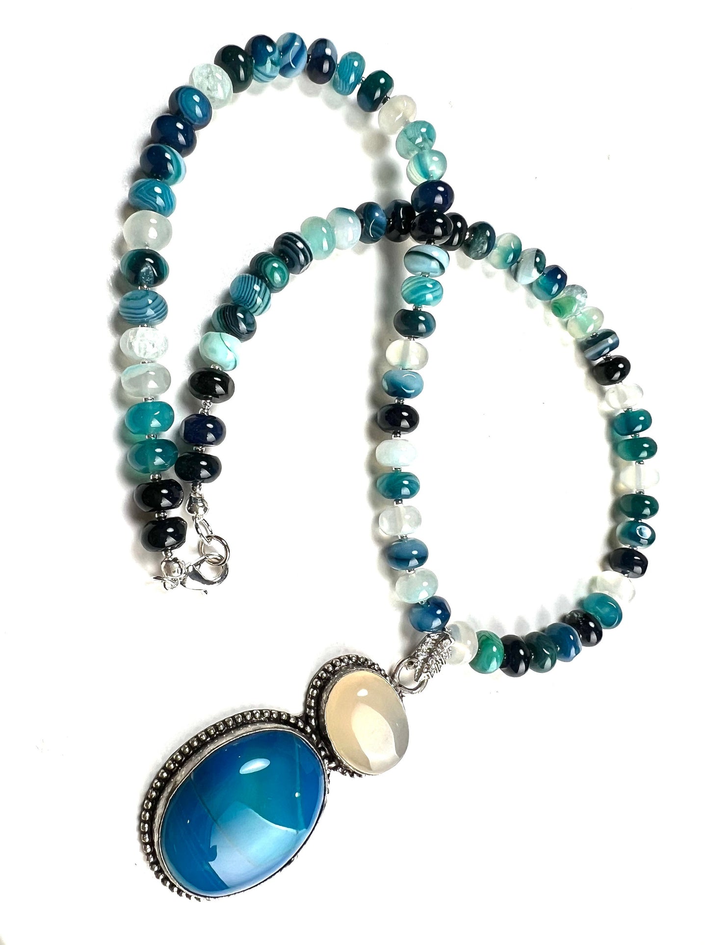 Natural Blue stipe agate 8mm roundel bead blue and white agate large pendant silver spacer 20" Necklace Beautiful blue white necklace gift