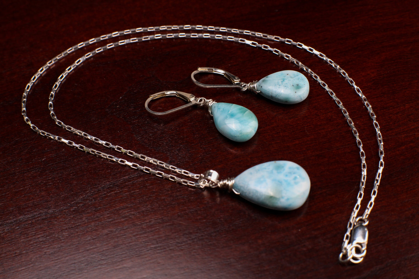 Natural Larimar 14x20mm Teardrop Wire Wrapped in 925 Sterling Silver Matching Earrings or Necklace Jewelry Set