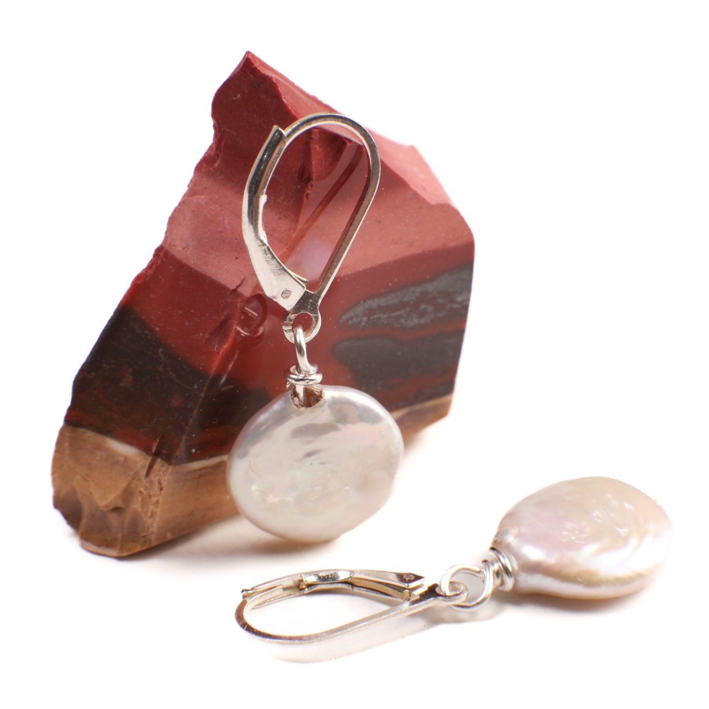 Natural Freshwater 12mm Coin Pearl white High Luster Dangling Wire Wrapped, Gold Filled, Vermeil, Sterling Silver Hook Ear wire Leverback