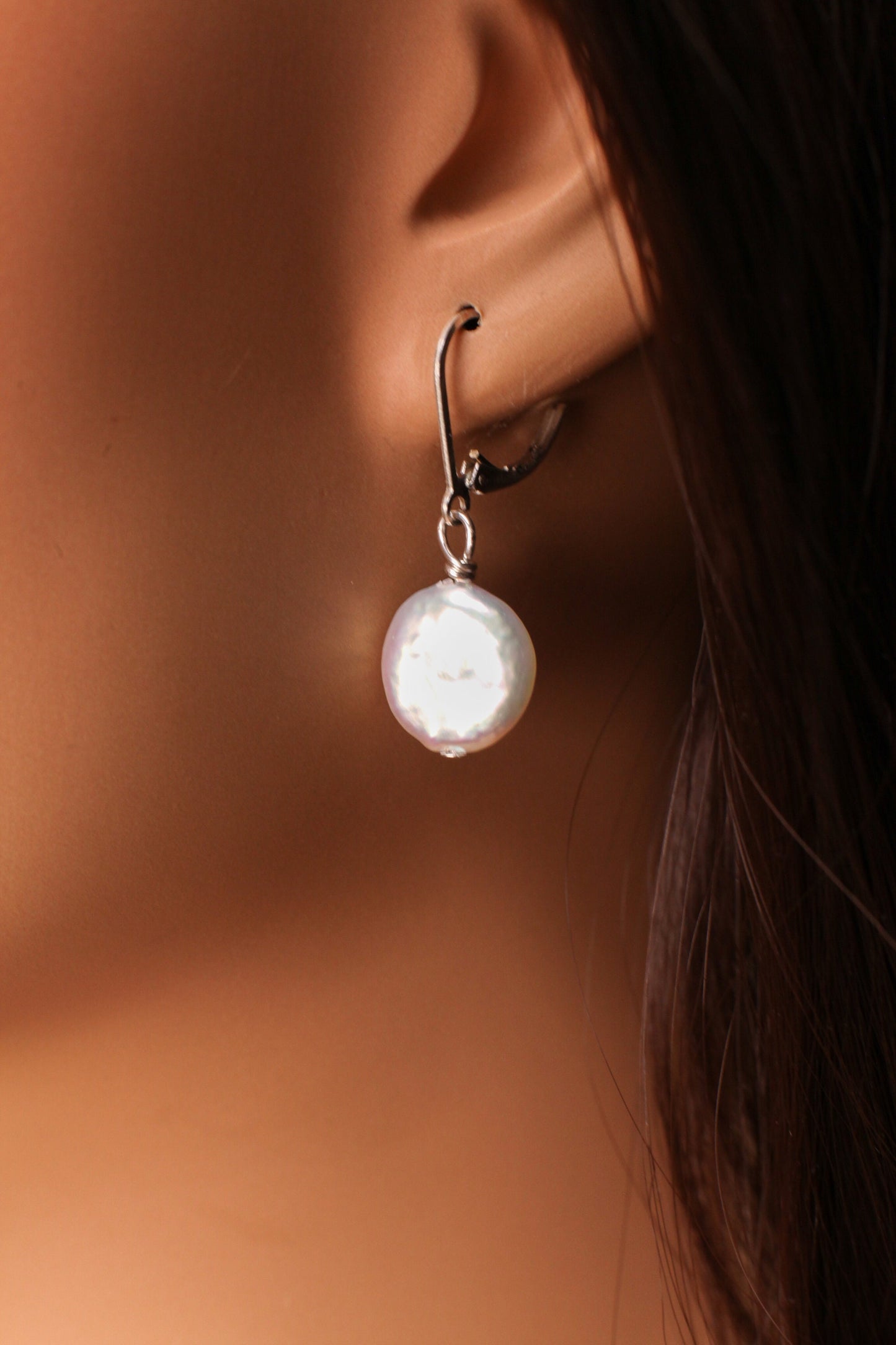 Natural Freshwater 12mm Coin Pearl white High Luster Dangling Wire Wrapped, Gold Filled, Vermeil, Sterling Silver Hook Ear wire Leverback