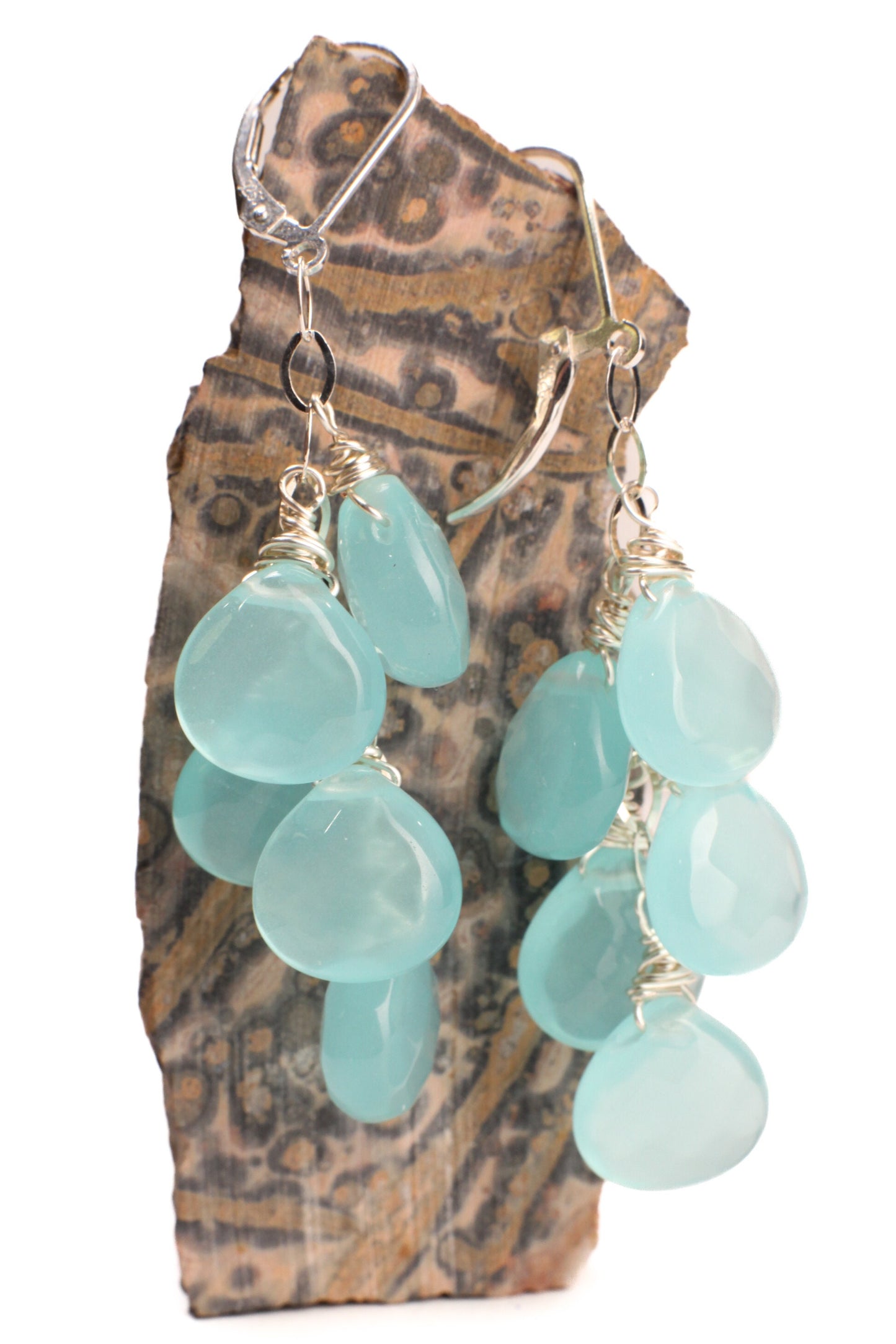 Chalcedony earring Aqua Chalcedony Faceted 12x14mm heart Drop Cascade Dangling Earrings , Wire Wrap Handmade in 925 Sterling Silver