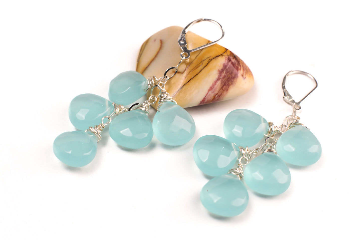 Chalcedony earring Aqua Chalcedony Faceted 12x14mm heart Drop Cascade Dangling Earrings , Wire Wrap Handmade in 925 Sterling Silver