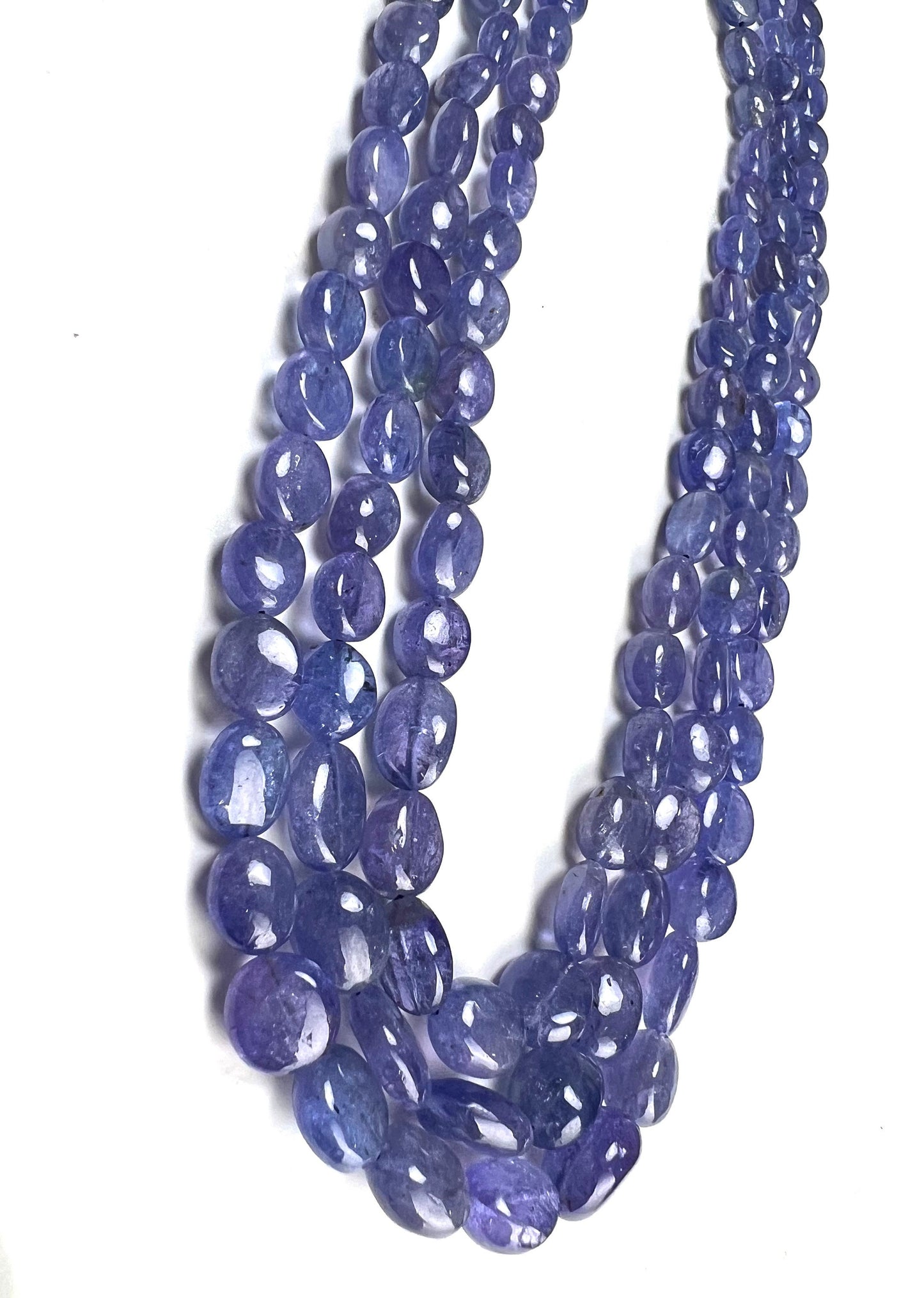 Natural Tanzanite Smooth Oval 7-10mm 3 Strand Necklace on adjustable Thread, 16” -18”bead with long adjustable Thread to 30” 378Cts