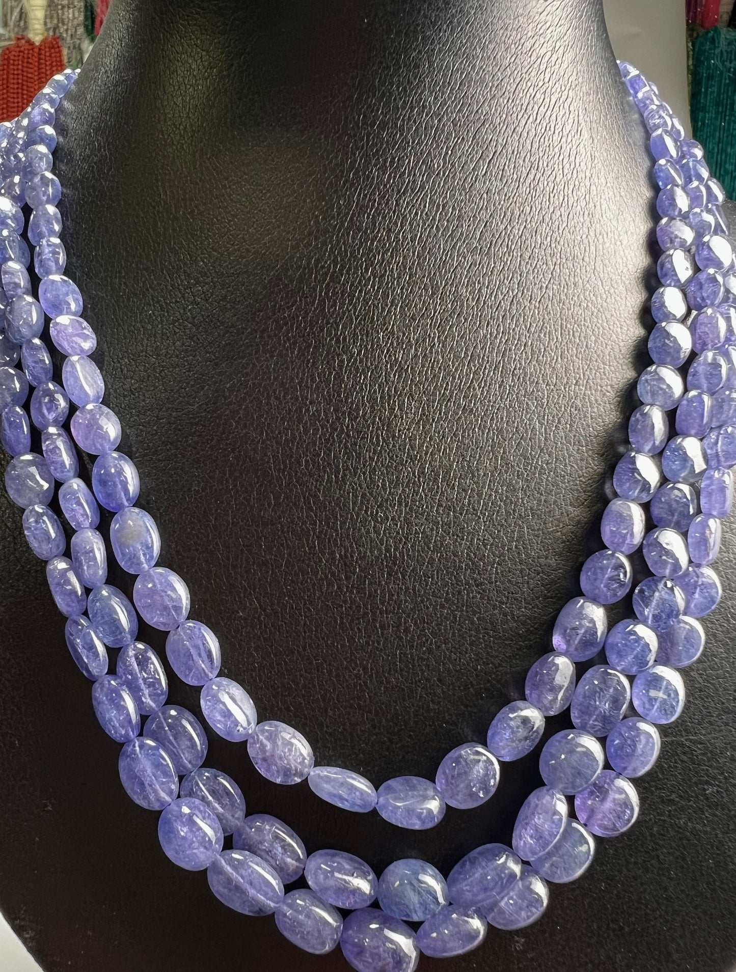 Natural Tanzanite Smooth Oval 7-10mm 3 Strand Necklace on adjustable Thread, 16” -18”bead with long adjustable Thread to 30” 378Cts