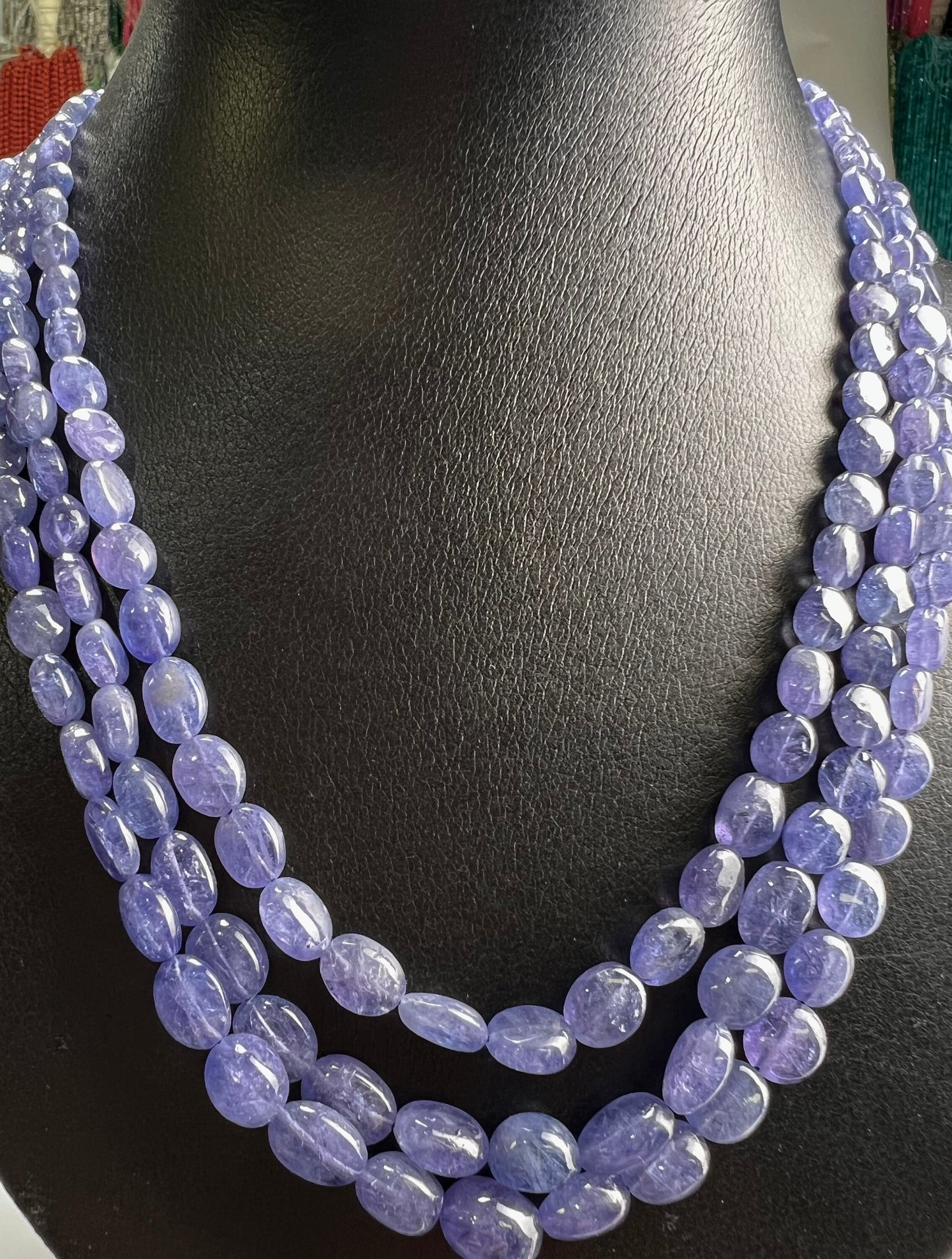 Natural Tanzanite Smooth Oval 7-10mm 3 Strand Necklace on adjustable Thread, 16” -18”bead with long adjustable Thread to 30” 378Cts