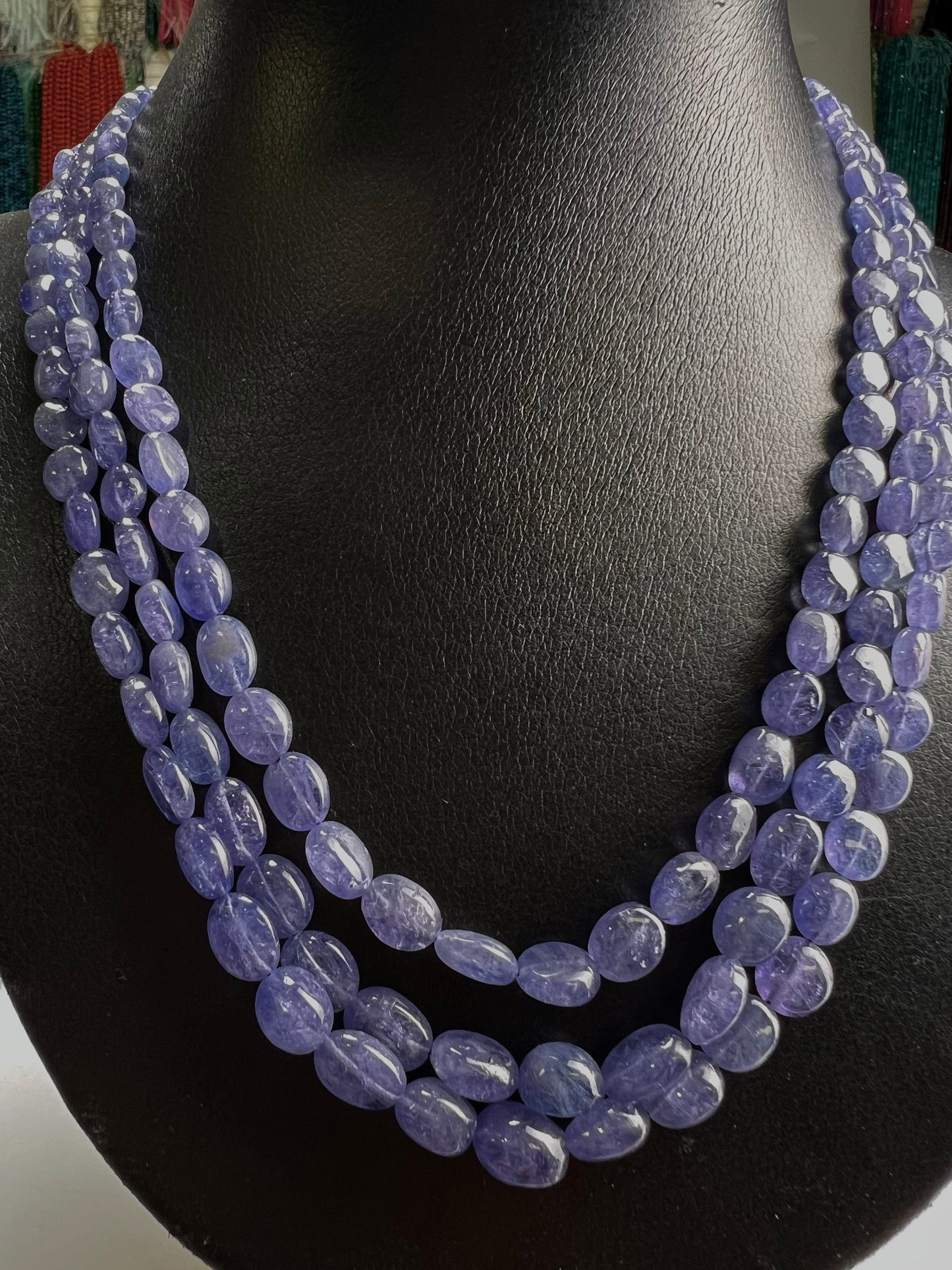 Natural Tanzanite Smooth Oval 7-10mm 3 Strand Necklace on adjustable Thread, 16” -18”bead with long adjustable Thread to 30” 378Cts
