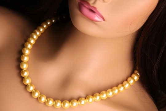 Golden Yellow South SeaShell Pearl High Luster Statement Necklace ball Clasp Necklace, Bridal, party wear. 8,10,12mm size