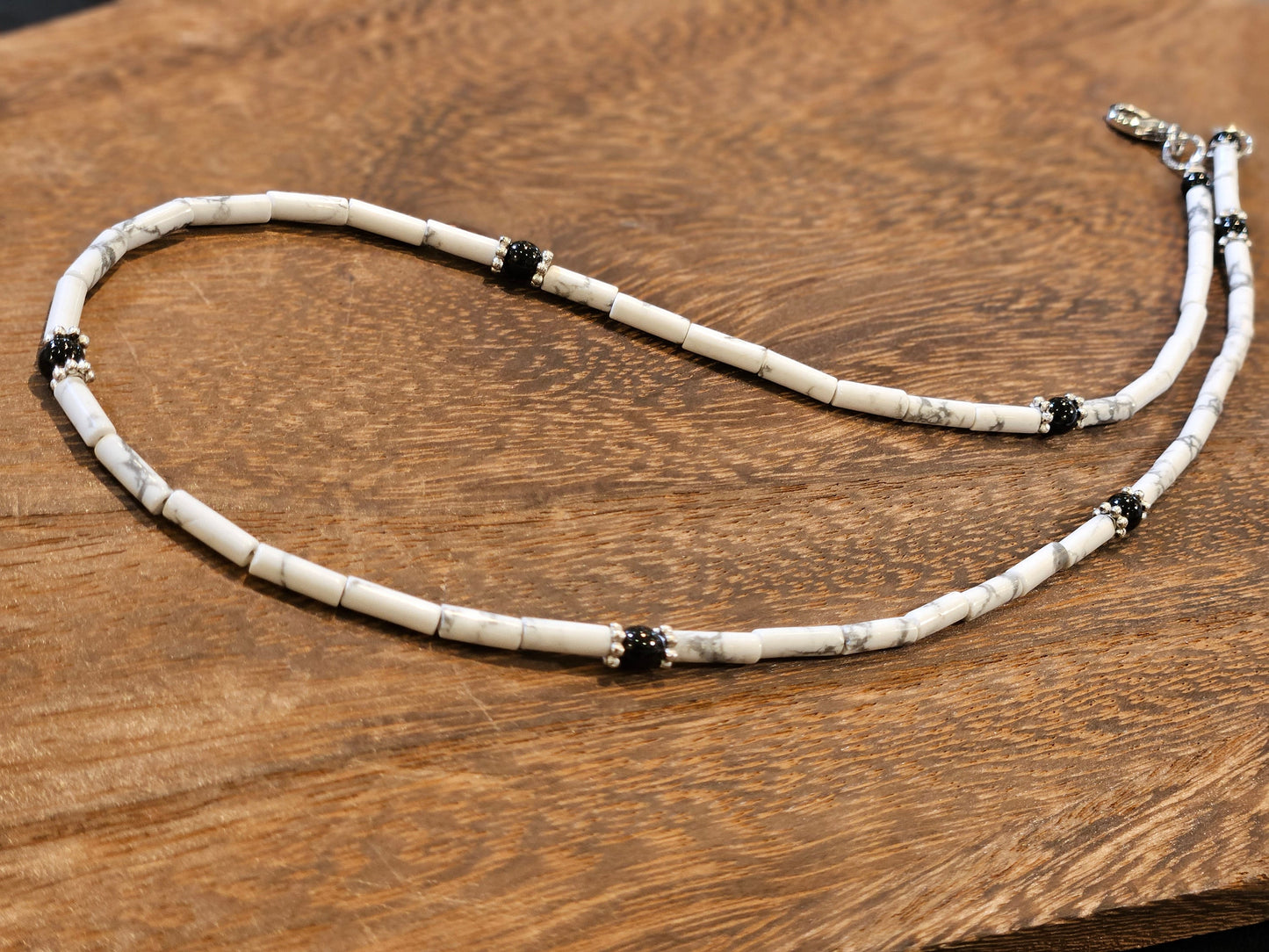 Natural White Howlite smooth Tube 4x13mm with Black Onyx Silver Bali Style Spacers rhodium silver lobster clasp Necklace for Men and woman