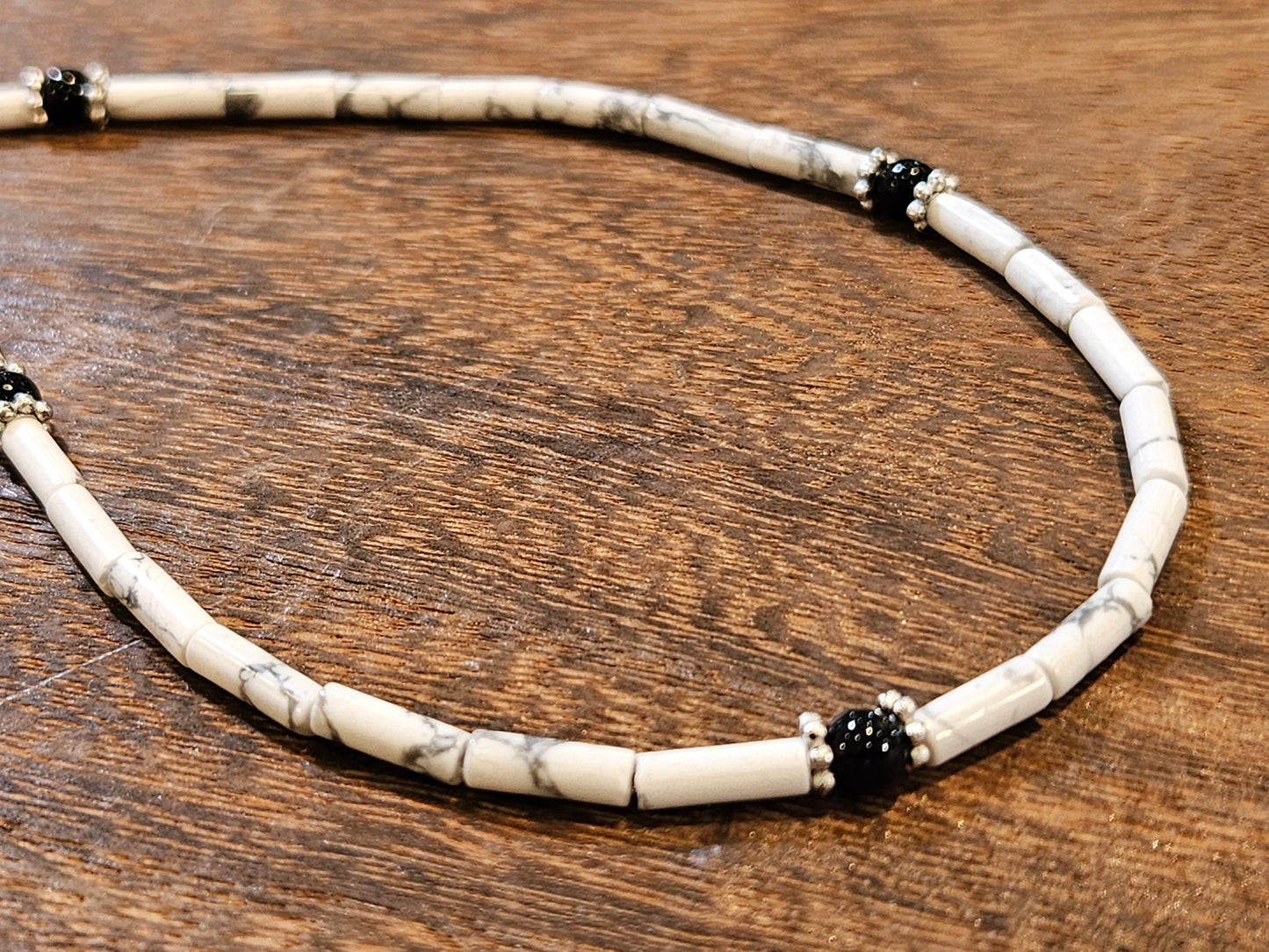 Natural White Howlite smooth Tube 4x13mm with Black Onyx Silver Bali Style Spacers rhodium silver lobster clasp Necklace for Men and woman
