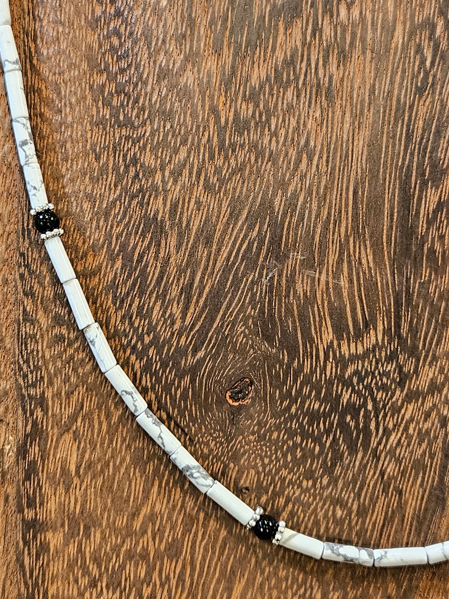 Natural White Howlite smooth Tube 4x13mm with Black Onyx Silver Bali Style Spacers rhodium silver lobster clasp Necklace for Men and woman