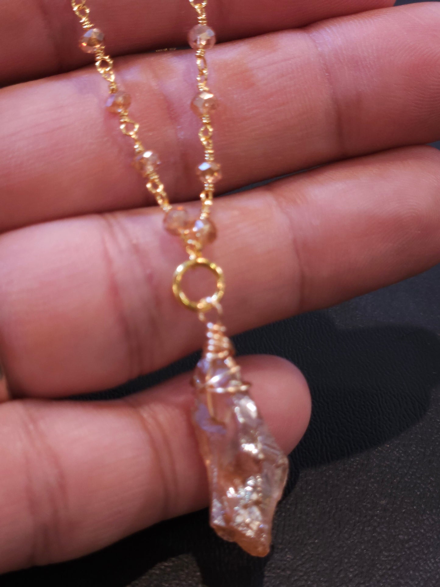 Natural Citrine Raw Druzy Gold with matching Crystal Wire Wrapped Chain Necklace