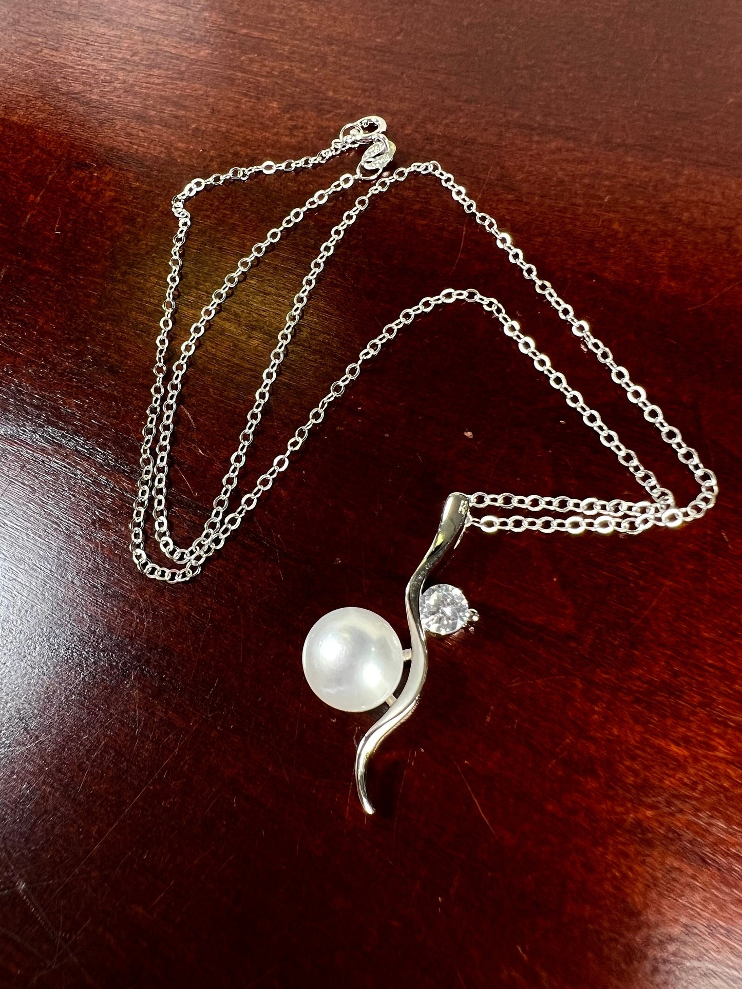 925 Sterling Silver CZ Diamond freshwater Pearl pendant with Sterling Silver Chain Necklace gift ,925 stamped 14”-30”