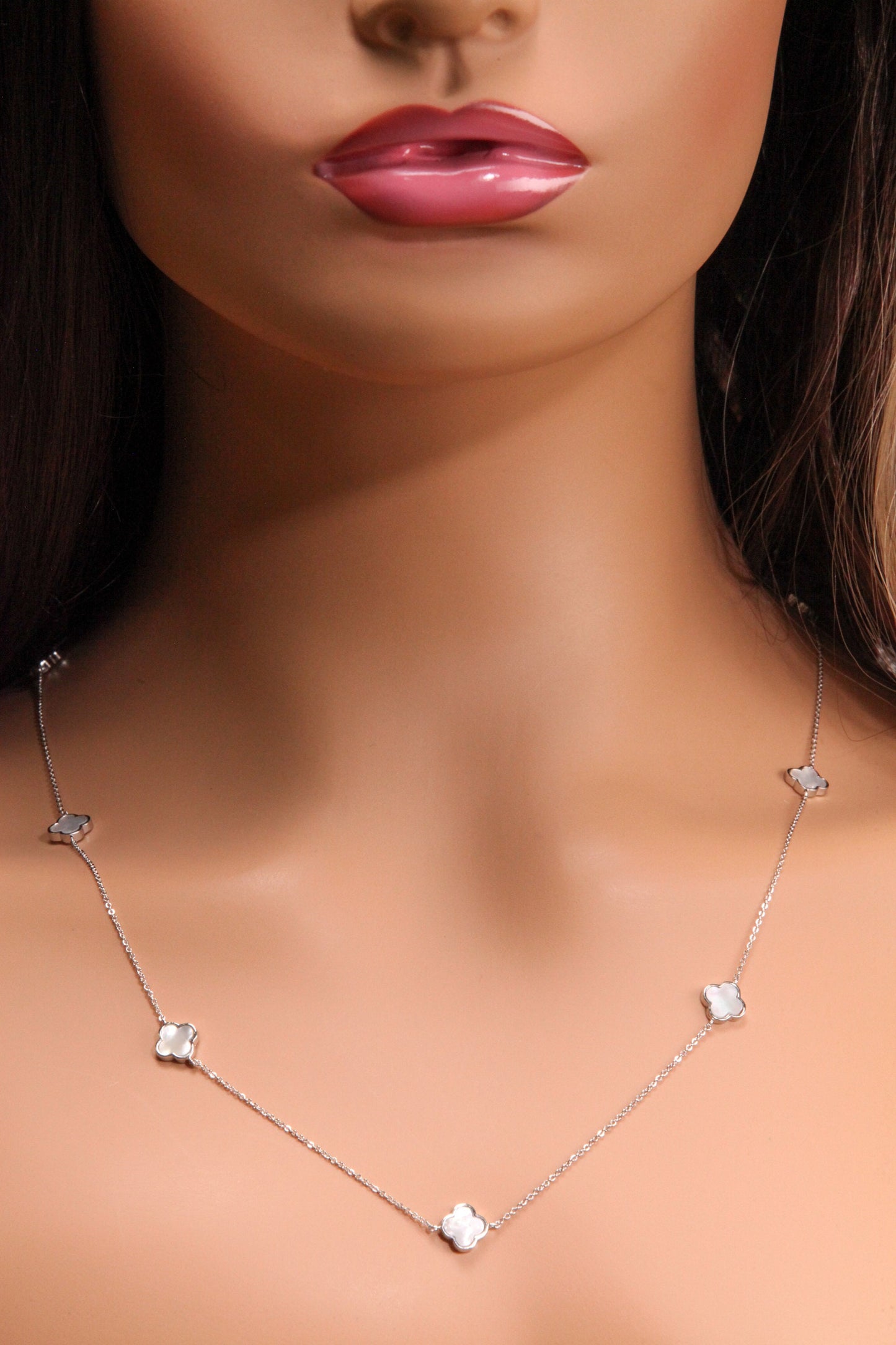 925 Sterling Silver White Mother of Pearl Double Sided four leaf Flower charm 8.5mm long necklace, charm 7 pcs 30” MOP necklace
