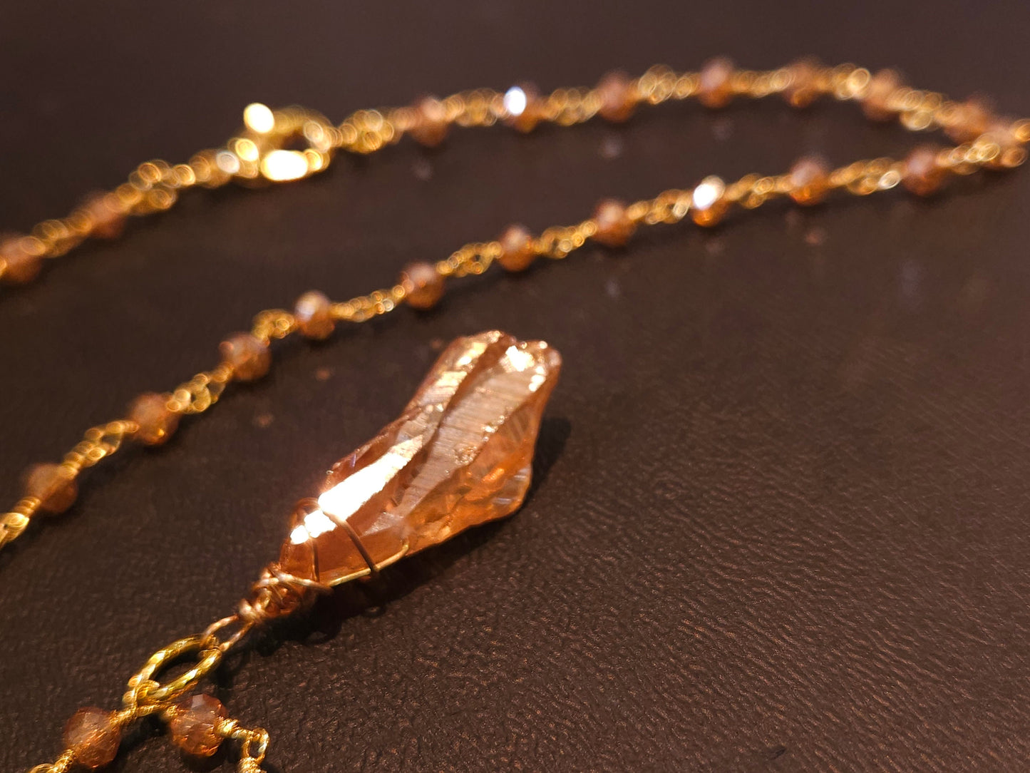 Natural Citrine Raw Druzy Gold with matching Crystal Wire Wrapped Chain Necklace