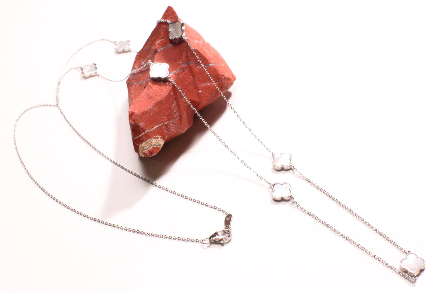 925 Sterling Silver White Mother of Pearl Double Sided four leaf Flower charm 8.5mm long necklace, charm 7 pcs 30” MOP necklace