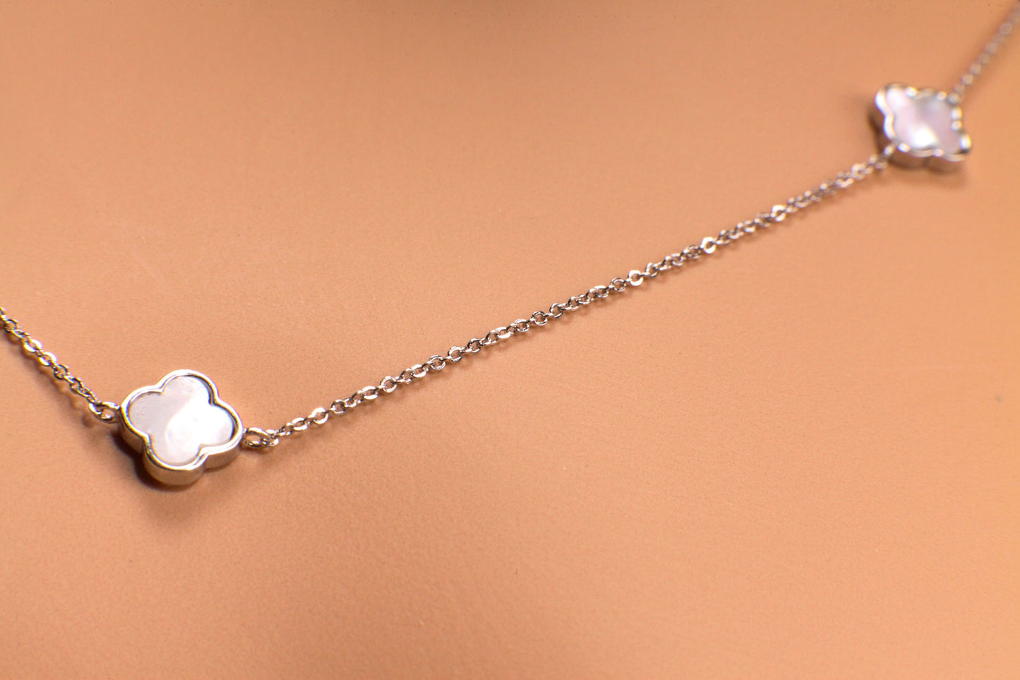 925 Sterling Silver White Mother of Pearl Double Sided four leaf Flower charm 8.5mm long necklace, charm 7 pcs 30” MOP necklace