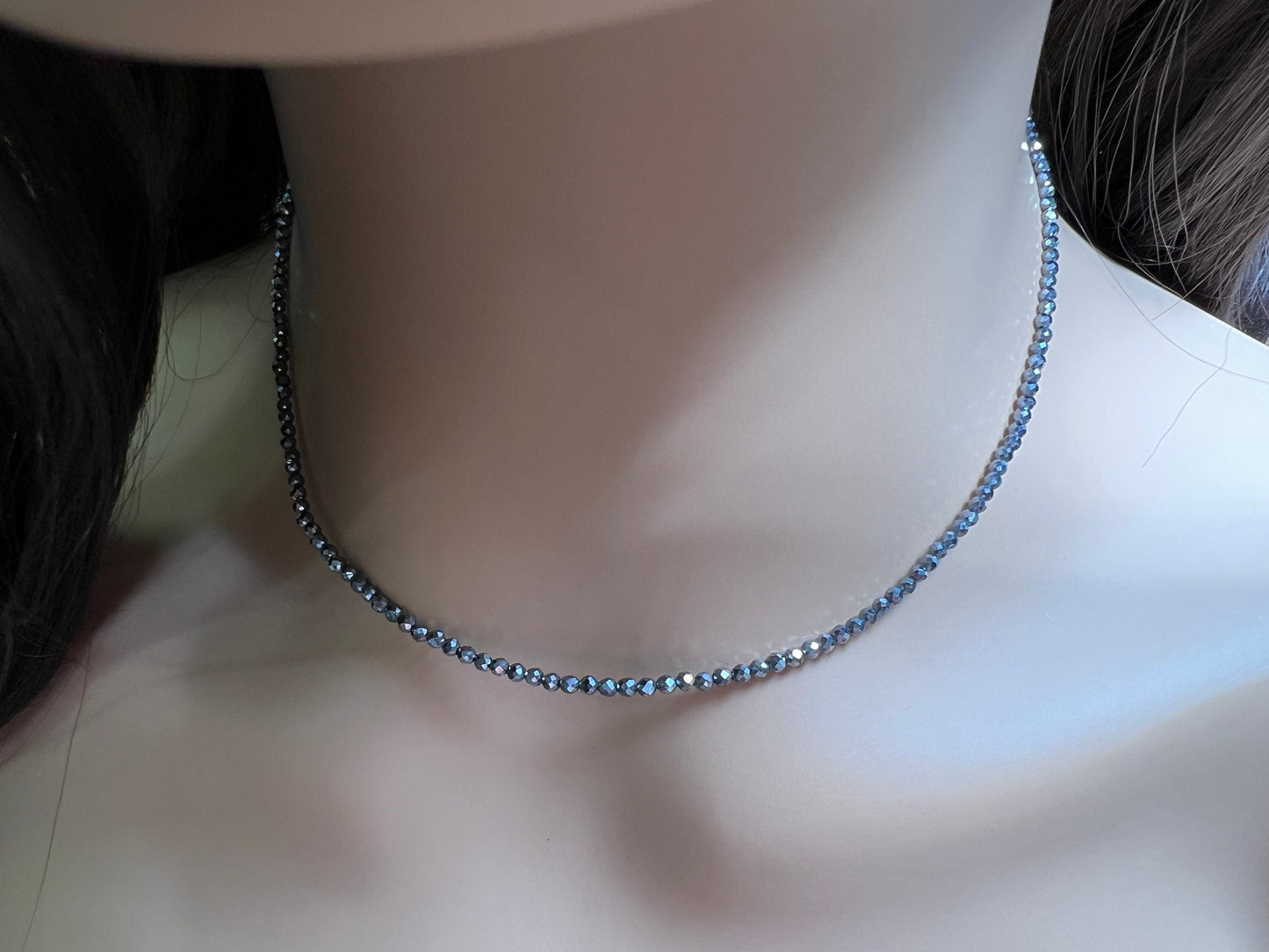 Genuine Terahertz Necklace Faceted 2mm Round Diamond Cut Choker Minimalist, prom, graduation,Layering Necklace healing gemstone