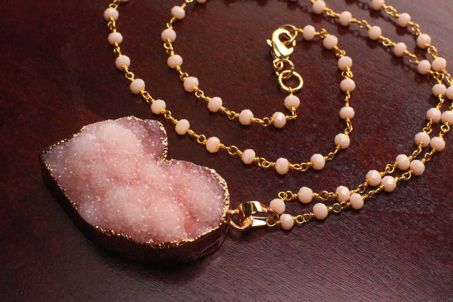 Pink Heart Druzy Geode Agate gold bezel with Peruvian Pink Opal rosary chain necklace. Natural gemstone handmade gift