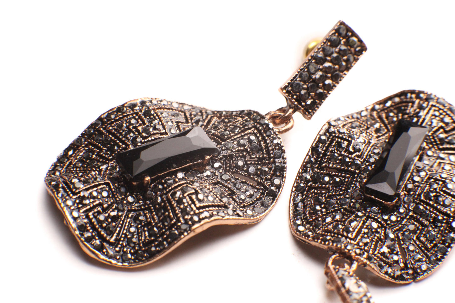 Antique Rose Gold Marcasite Style Crystal Earrings Post with Dangle Black Onyx Rectangle Shape Waved Oval Venetian Earrings, Gift for her
