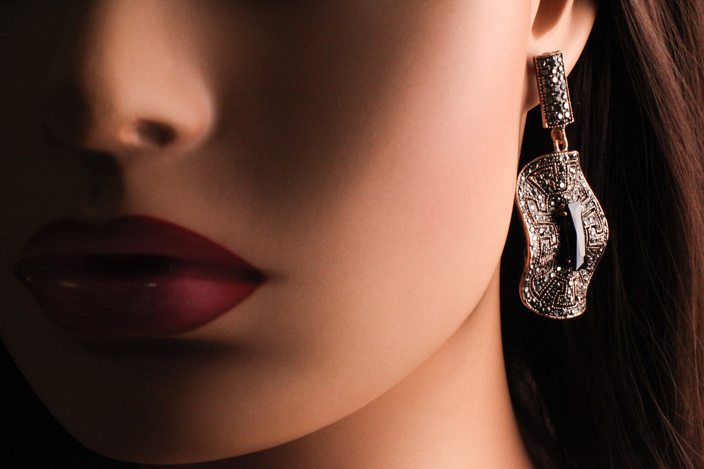 Antique Rose Gold Marcasite Style Crystal Earrings Post with Dangle Black Onyx Rectangle Shape Waved Oval Venetian Earrings, Gift for her