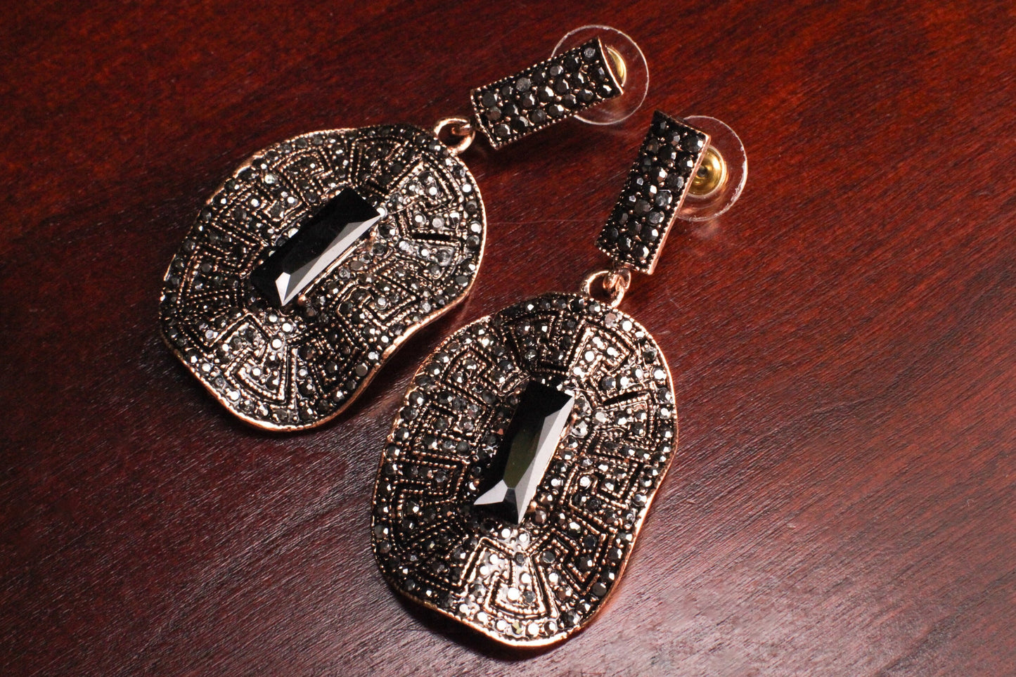 Antique Rose Gold Marcasite Style Crystal Earrings Post with Dangle Black Onyx Rectangle Shape Waved Oval Venetian Earrings, Gift for her
