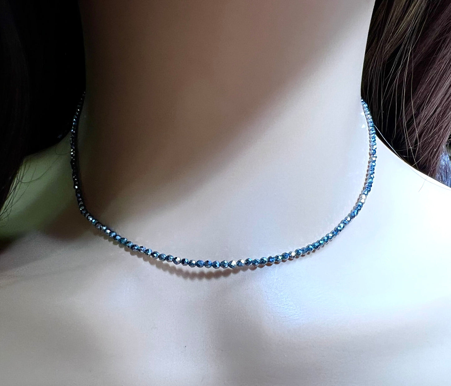 Genuine Terahertz Necklace Faceted 2mm Round Diamond Cut Choker Minimalist, prom, graduation,Layering Necklace healing gemstone