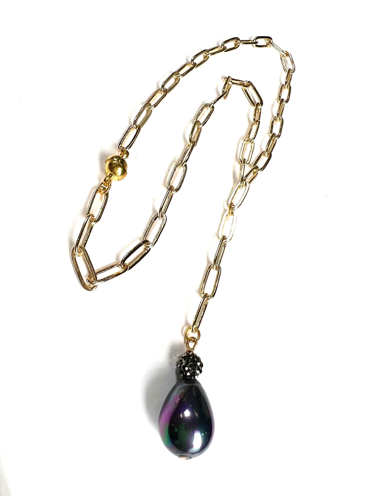 Gold Paperclip Chain Y Necklace dangling Black South Seashell Pearl Drop Necklace 18K Gold vermeil Anti Tarnish