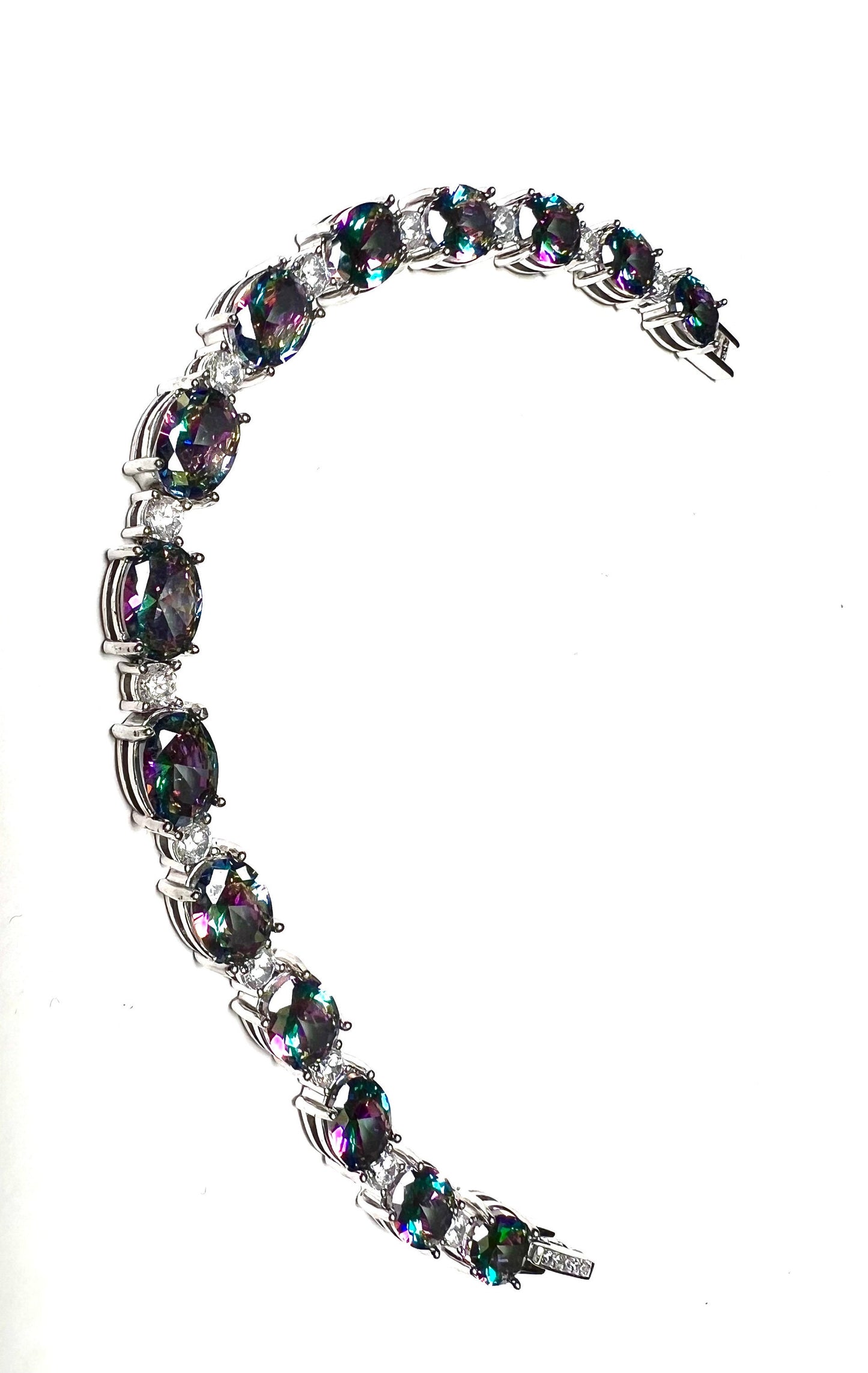 Mystic Topaz Oval shape 6x8mm Prong CZ Diamond 925 Sterling Silver Tennis Bracelet 6.5" November birthstone, holiday best gift 925 stamped
