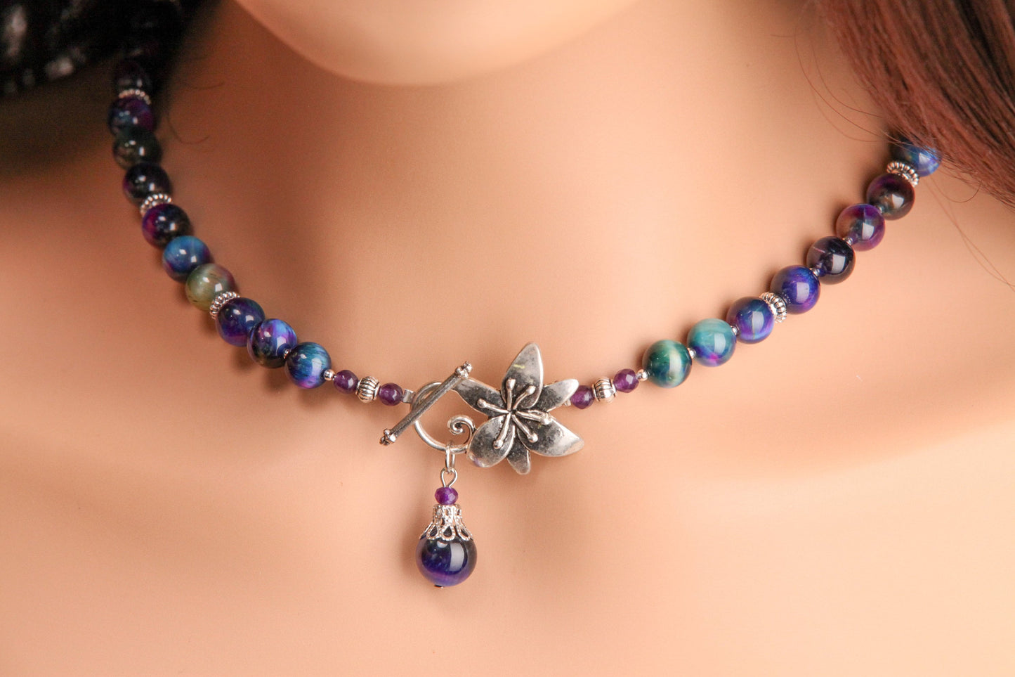 Galaxy Tiger Eye 8mm smooth round AAA quality with matching pendant Bali style spacer and flower toggle necklace. Strength