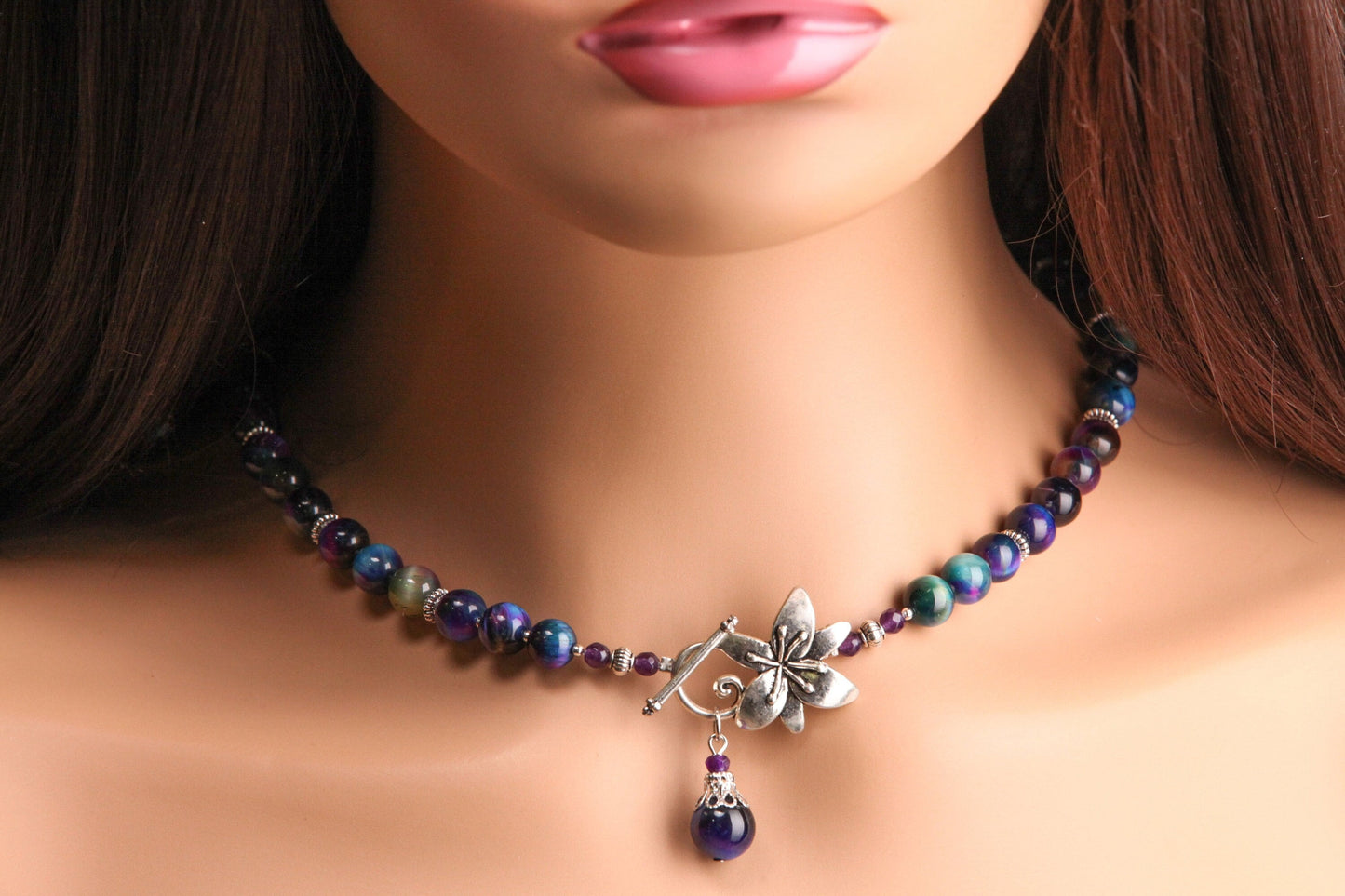 Galaxy Tiger Eye 8mm smooth round AAA quality with matching pendant Bali style spacer and flower toggle necklace. Strength