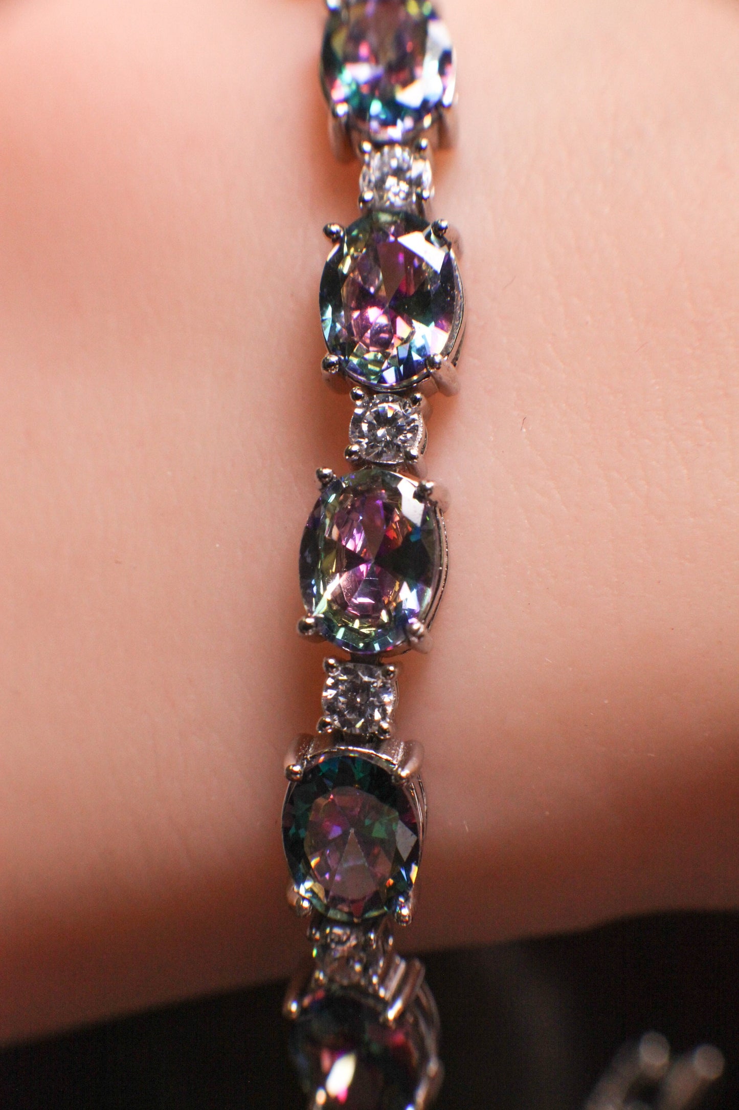 Mystic Topaz Oval shape 6x8mm Prong CZ Diamond 925 Sterling Silver Tennis Bracelet 6.5" November birthstone, holiday best gift 925 stamped