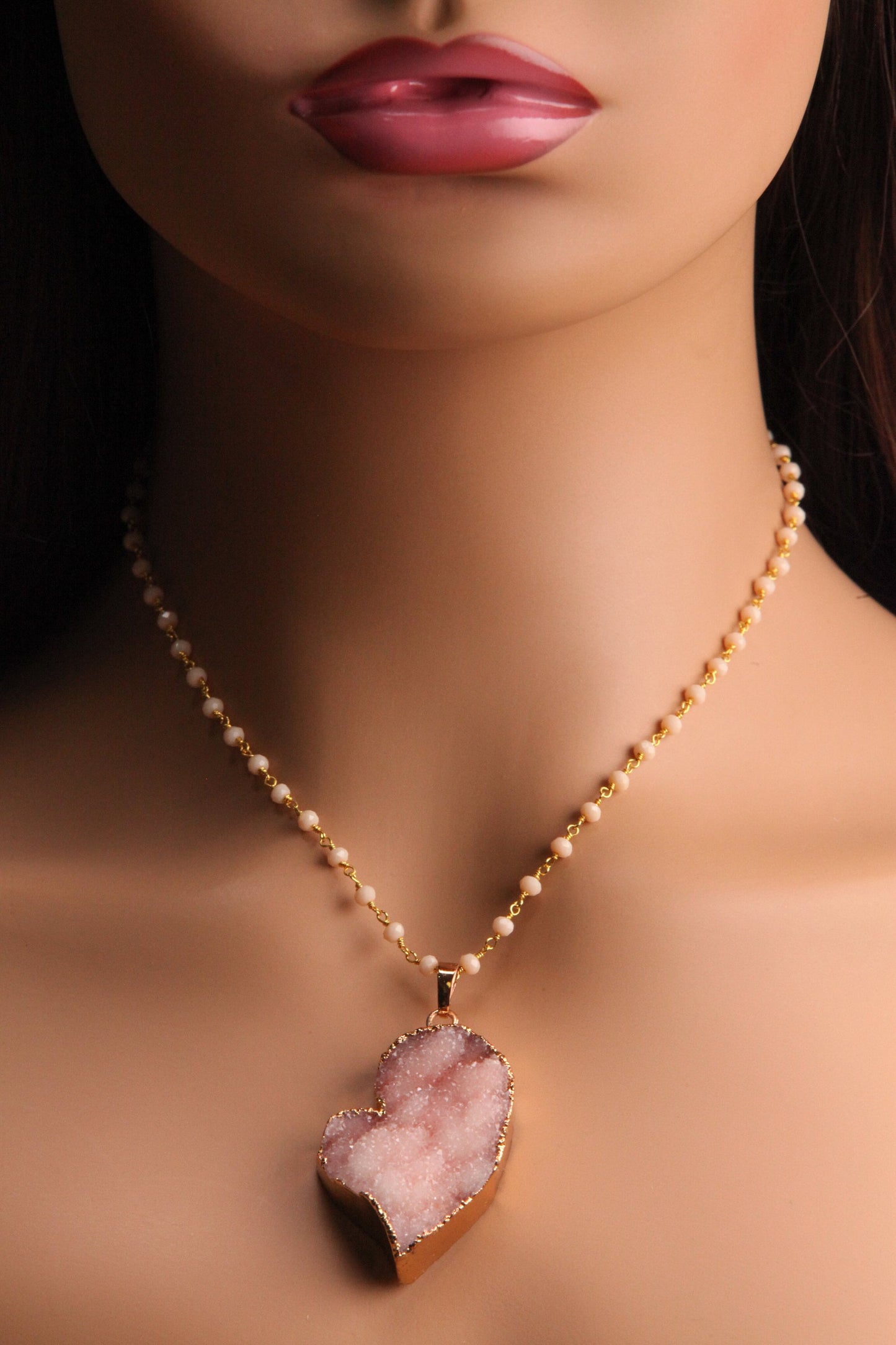 Pink Heart Druzy Geode Agate gold bezel with Peruvian Pink Opal rosary chain necklace. Natural gemstone handmade gift