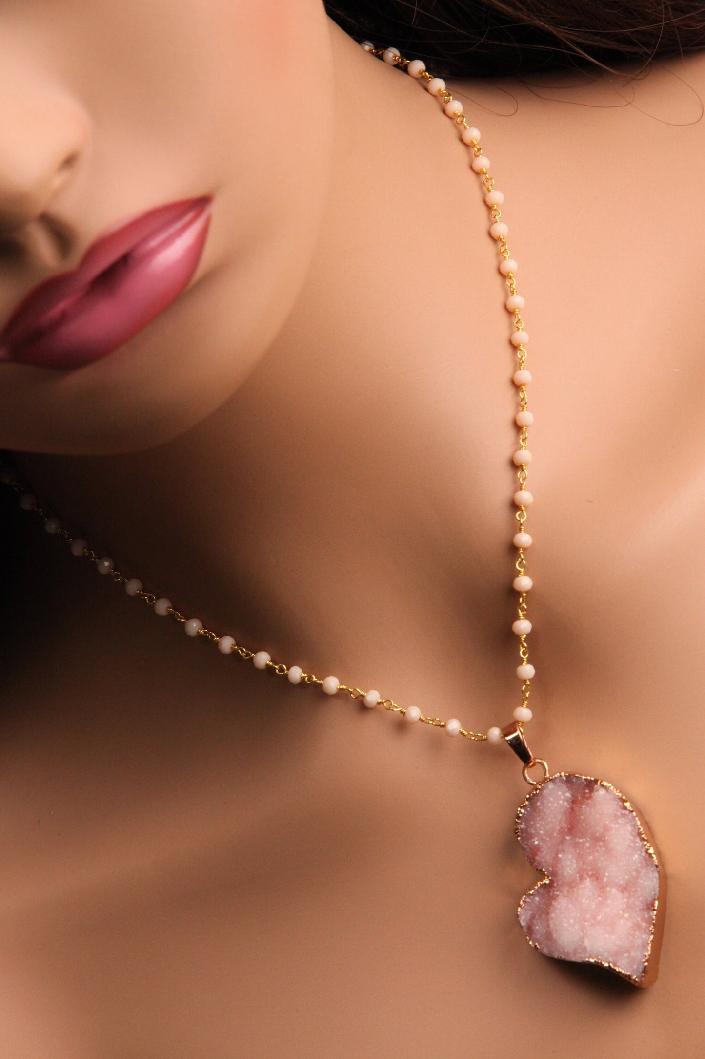 Pink Heart Druzy Geode Agate gold bezel with Peruvian Pink Opal rosary chain necklace. Natural gemstone handmade gift